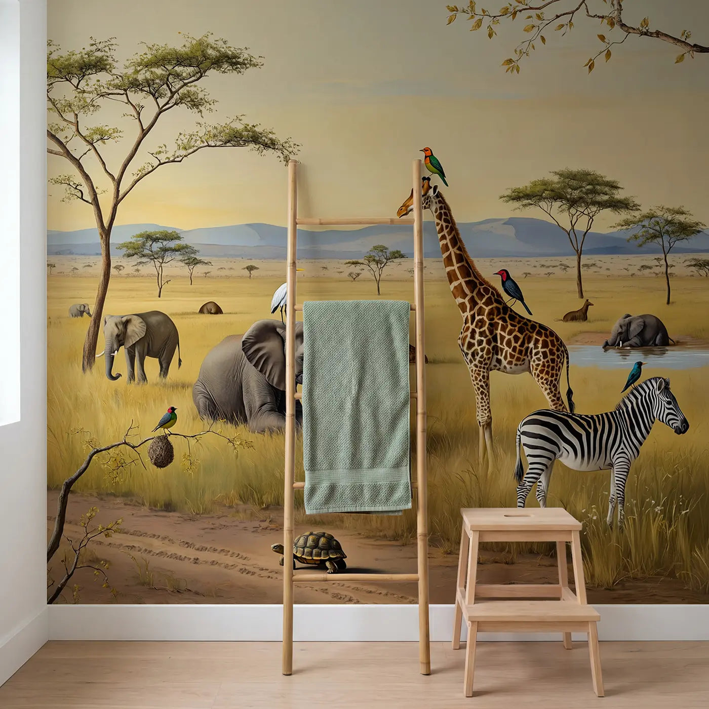 Safari Birds and Beasts Wallpaper Mural in playroom setting by Whimsy Tots