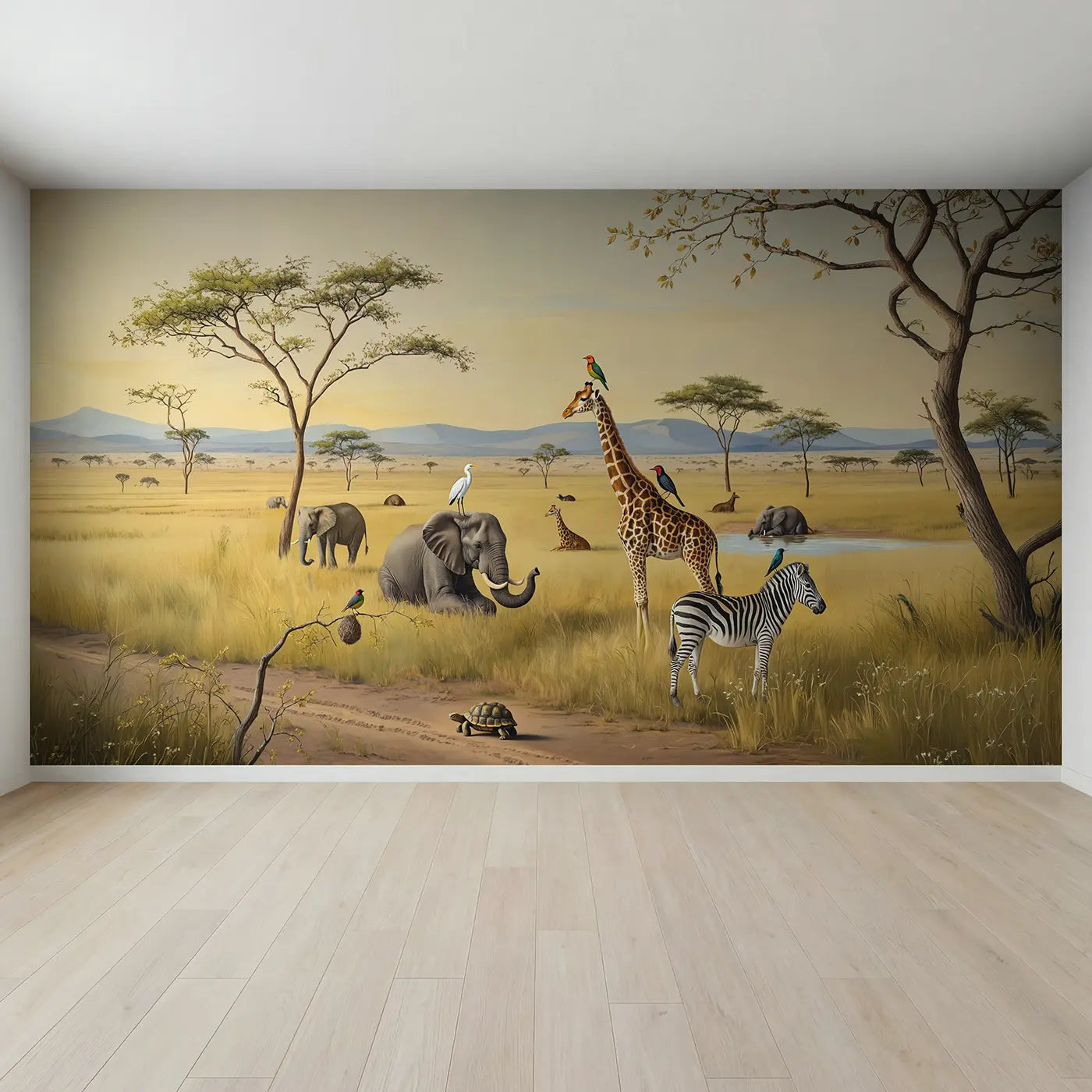 Full view of Safari Birds and Beasts Wallpaper Mural by Whimsy Tots