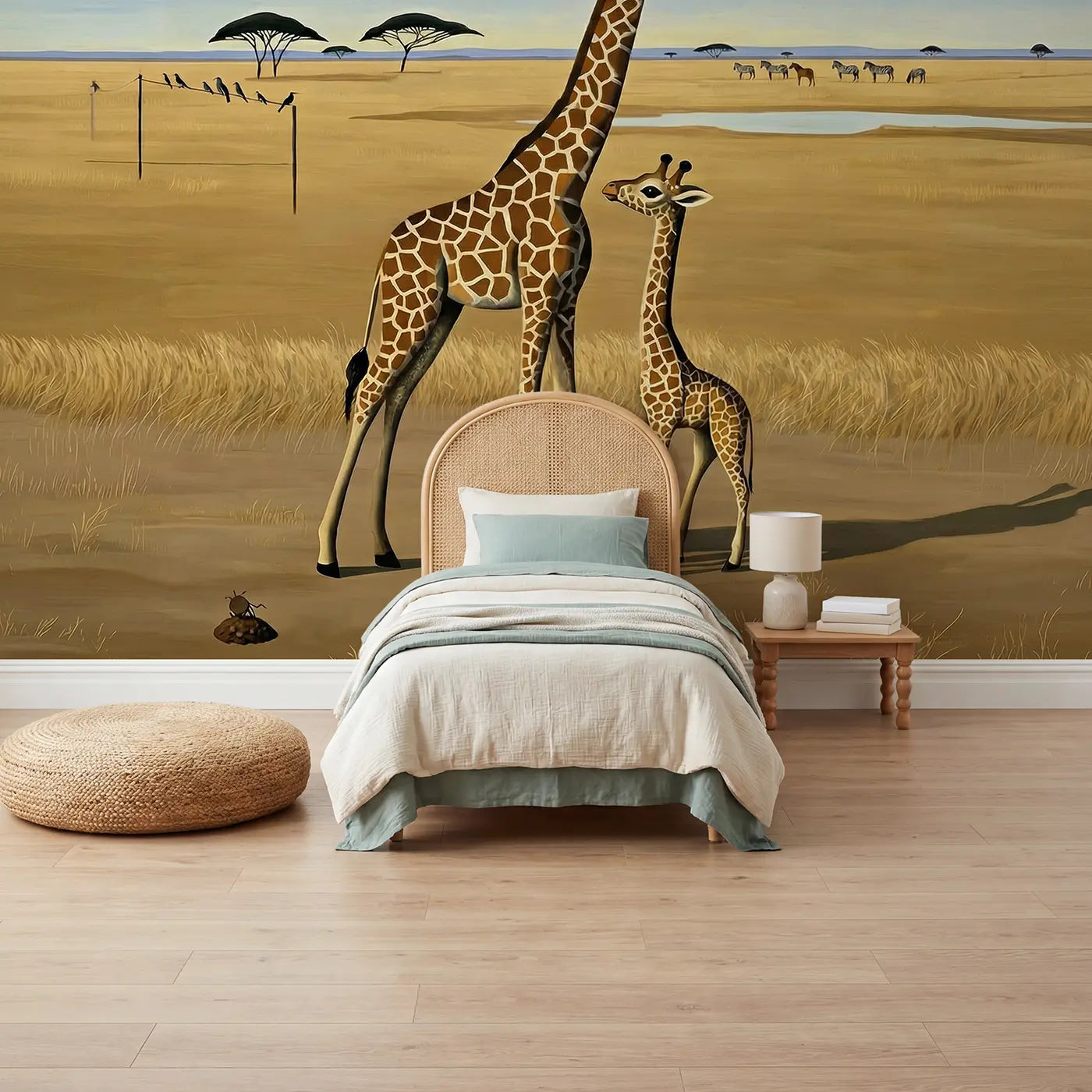Modern illustration baby giraffe first steps wallpaper mural for kids room by Whimsy Tots
