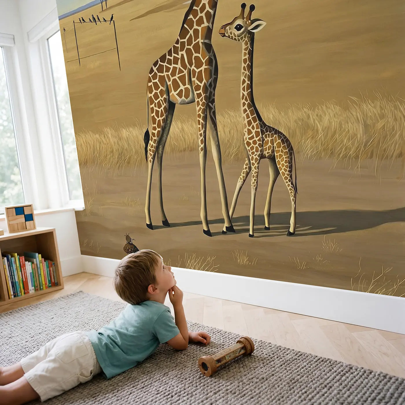 Child in nursery with Baby Giraffe First Steps Wallpaper Mural by Whimsy Tots
