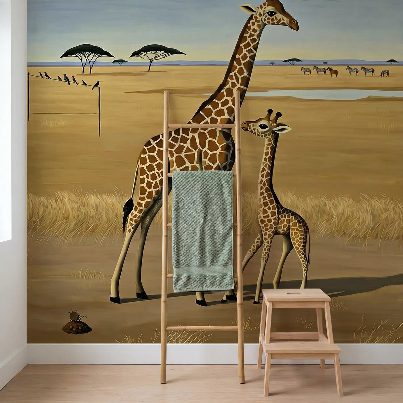 Baby Giraffe First Steps Wallpaper Mural in playroom setting by Whimsy Tots