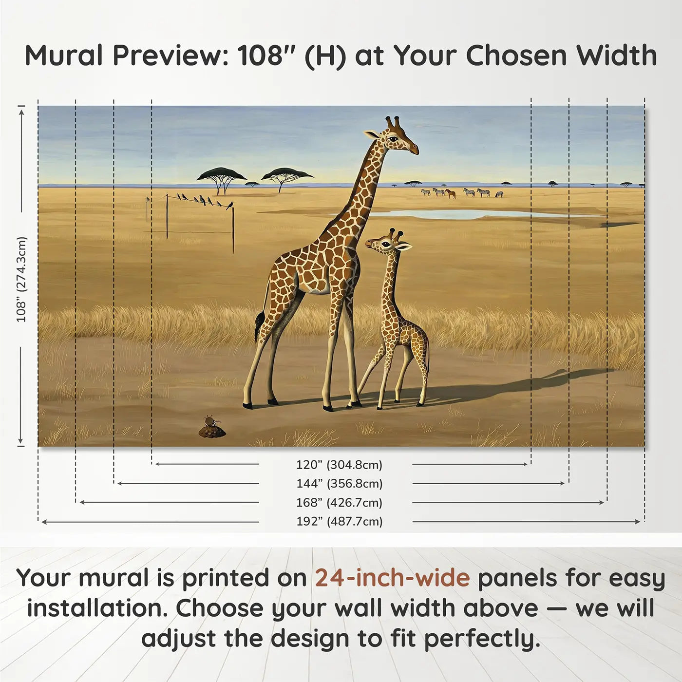 Panel layout and dimensions for Baby Giraffe First Steps Wallpaper Mural by Whimsy Tots