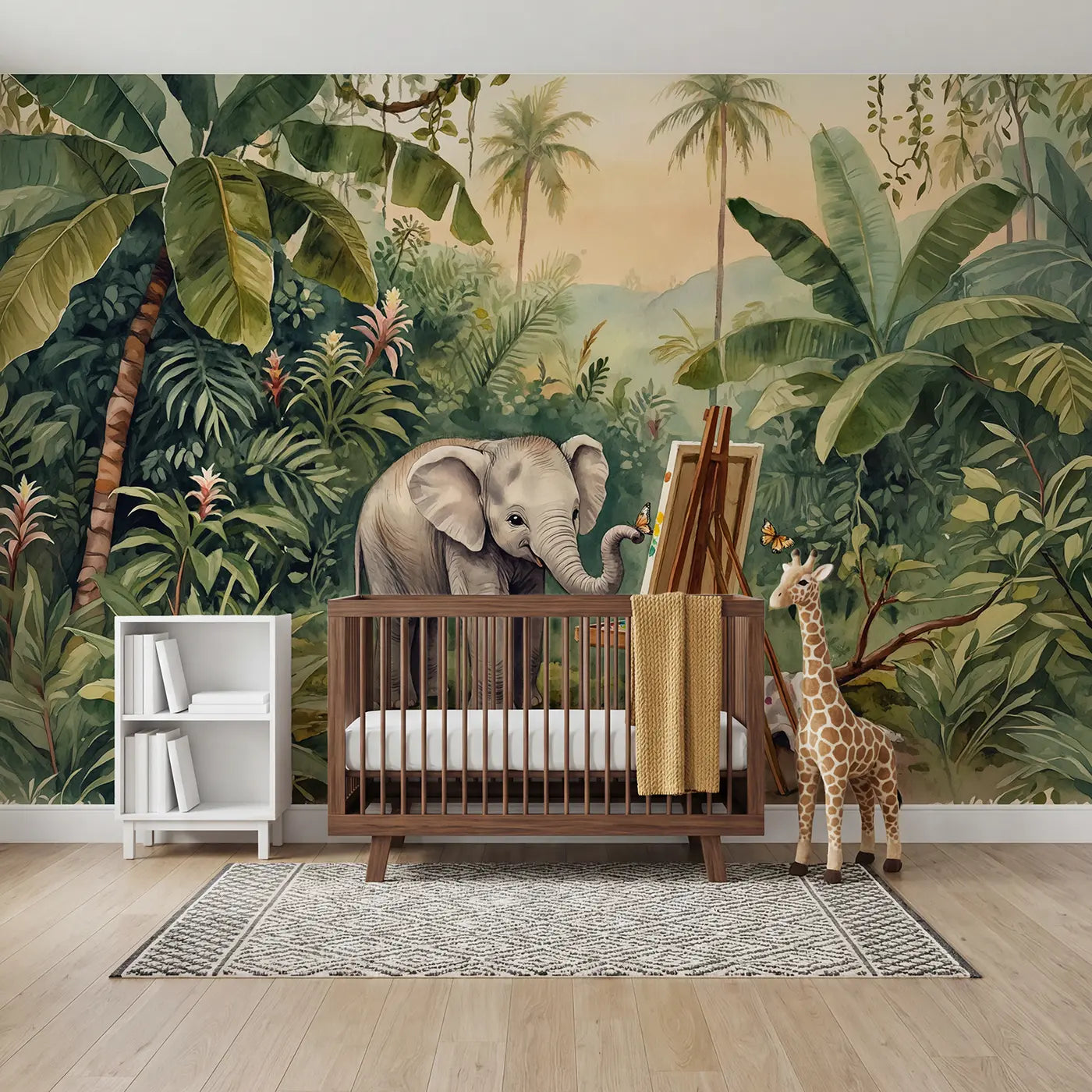 Watercolor elephant painting jungle wallpaper mural for nursery by Whimsy Tots