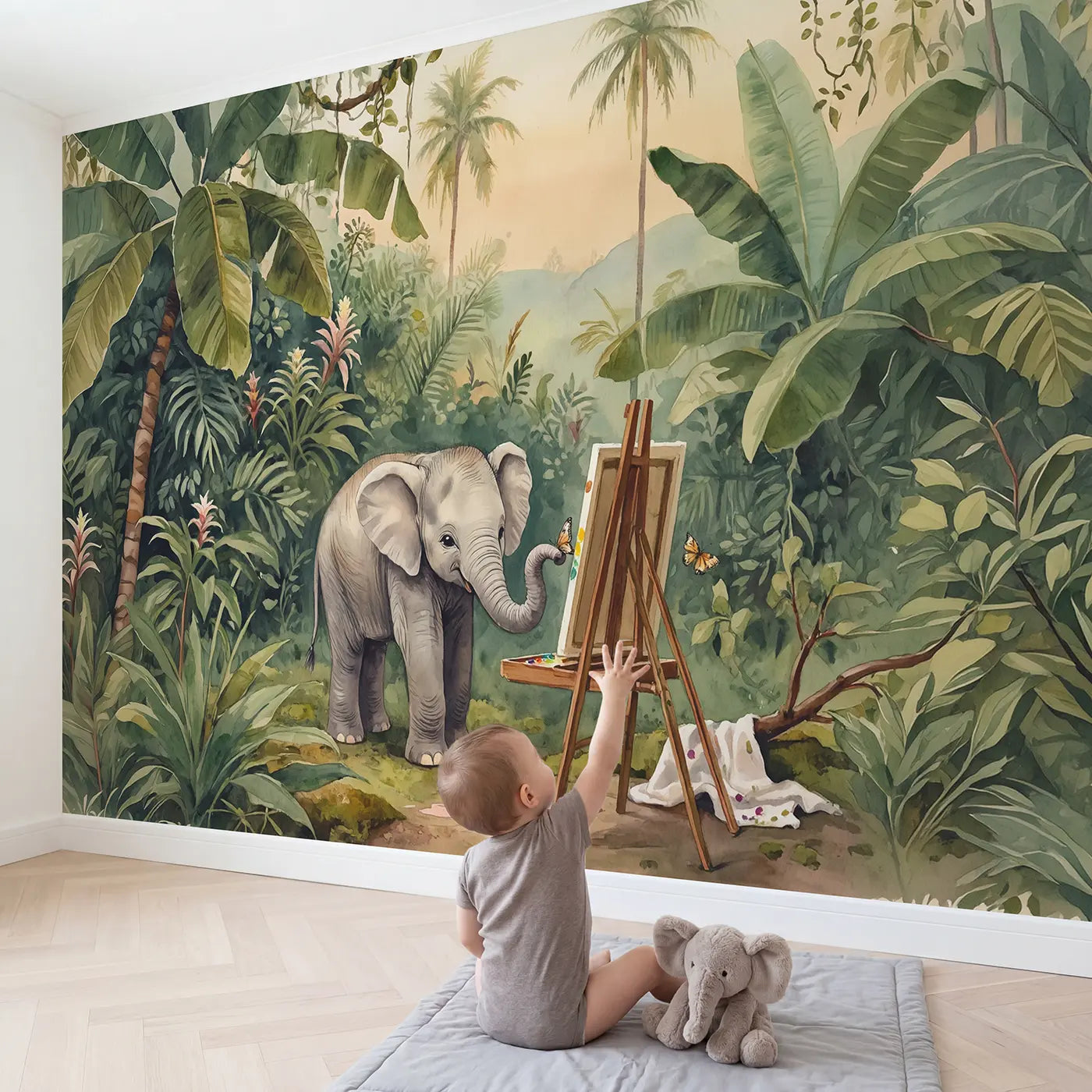 Child in nursery with Artist Elephant Painting Wallpaper Mural by Whimsy Tots