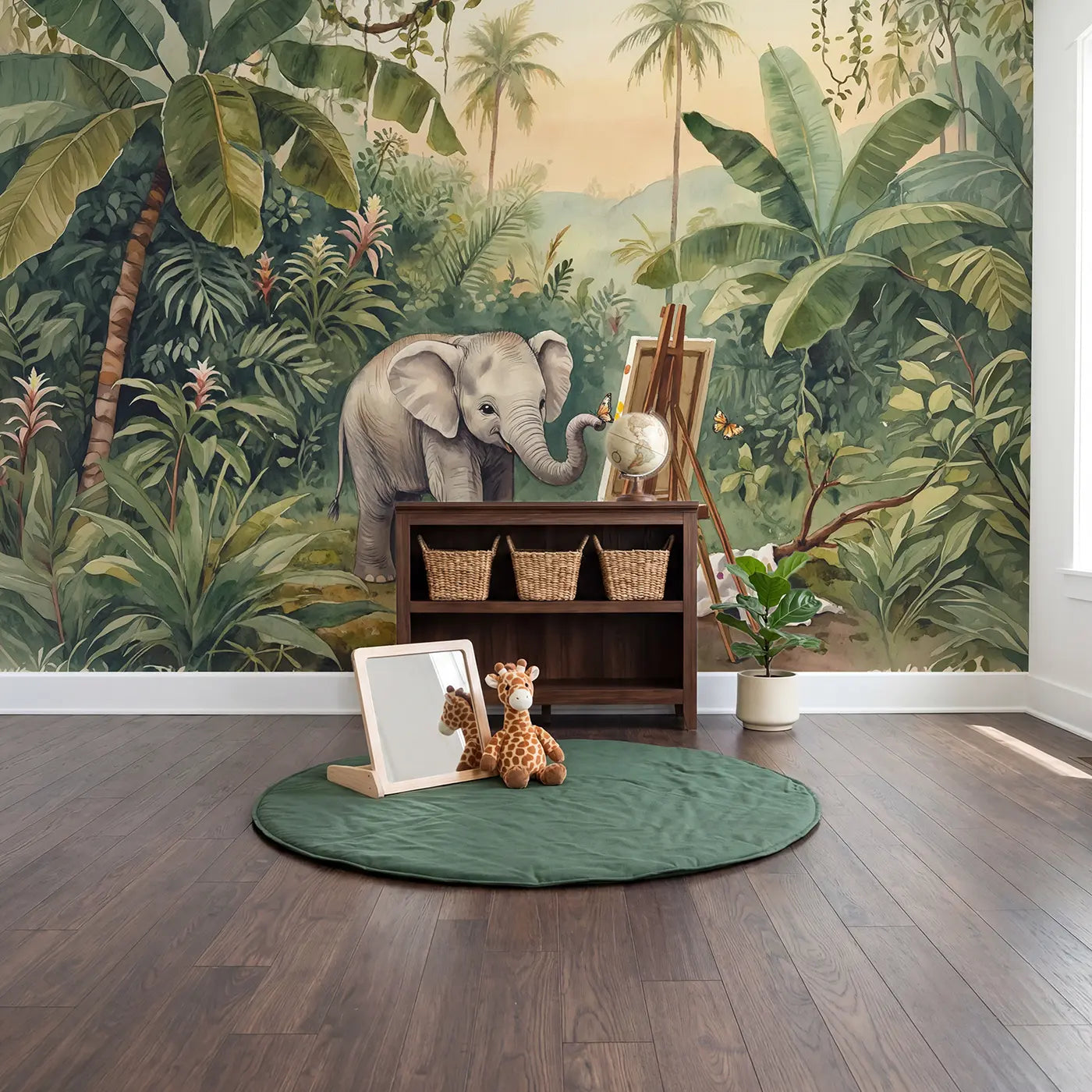 Artist Elephant Painting Wallpaper Mural in playroom setting by Whimsy Tots