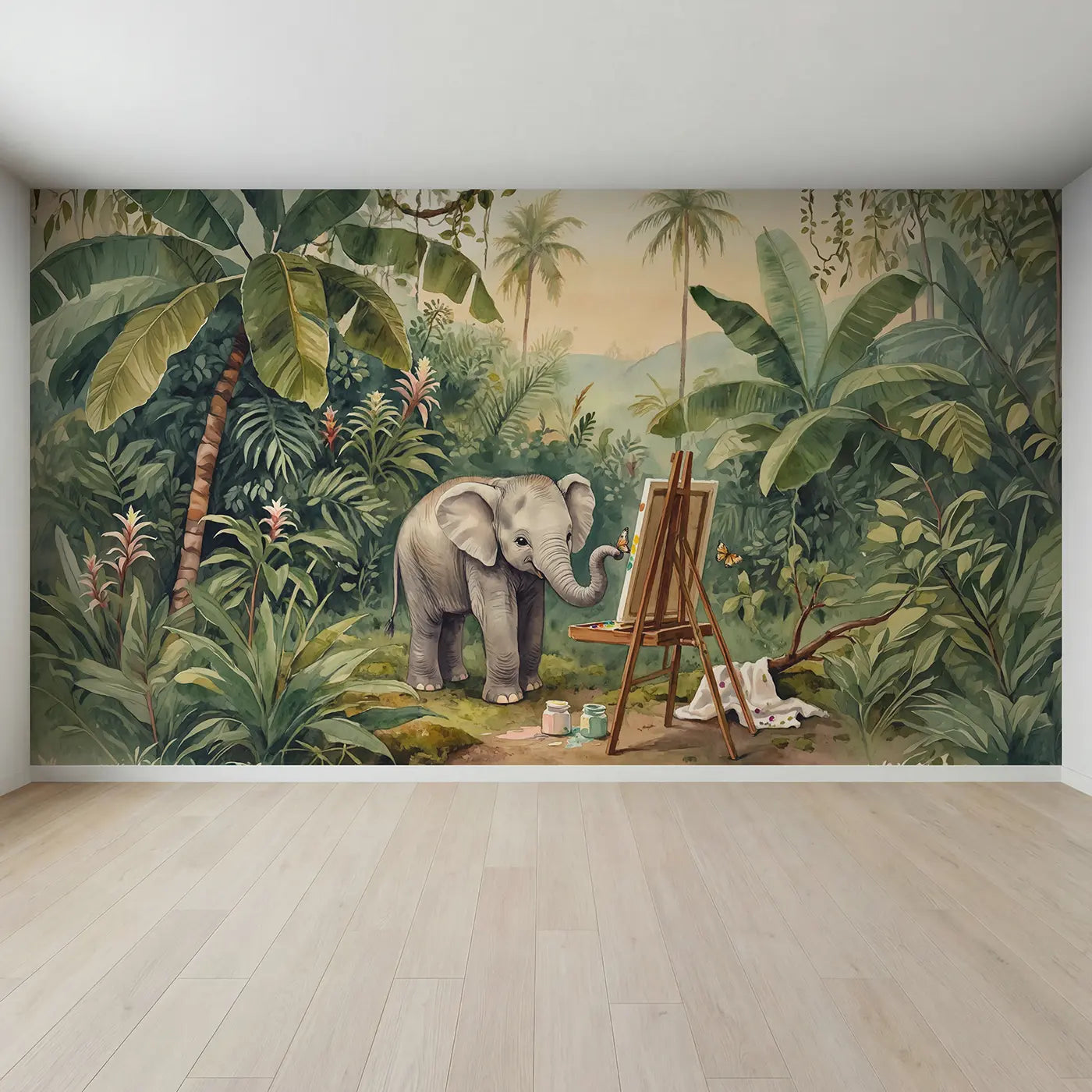Full view of Artist Elephant Painting Wallpaper Mural by Whimsy Tots