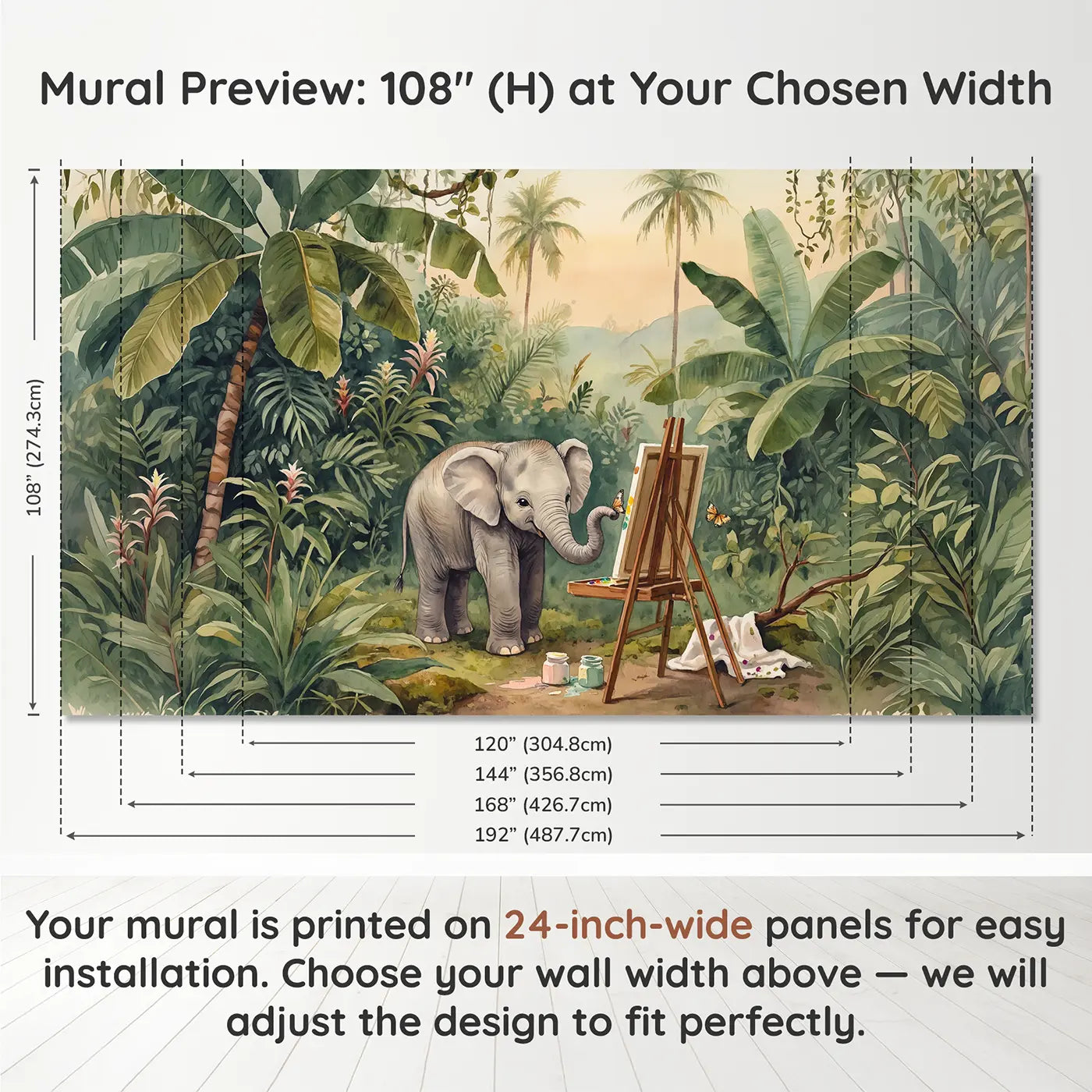 Panel layout and dimensions for Artist Elephant Painting Wallpaper Mural by Whimsy Tots
