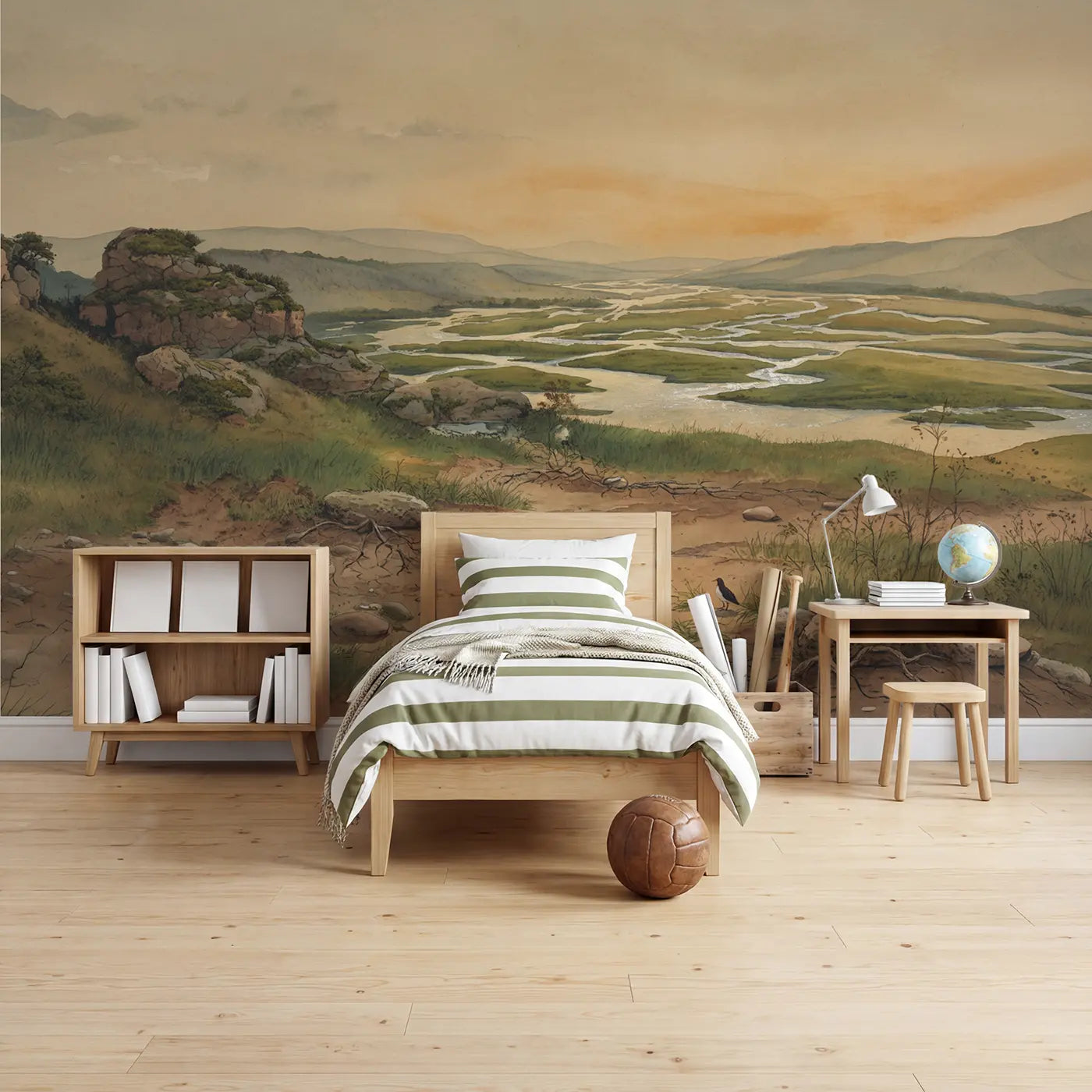 Watercolor river delta safari landscape wallpaper mural for boys room by Whimsy Tots