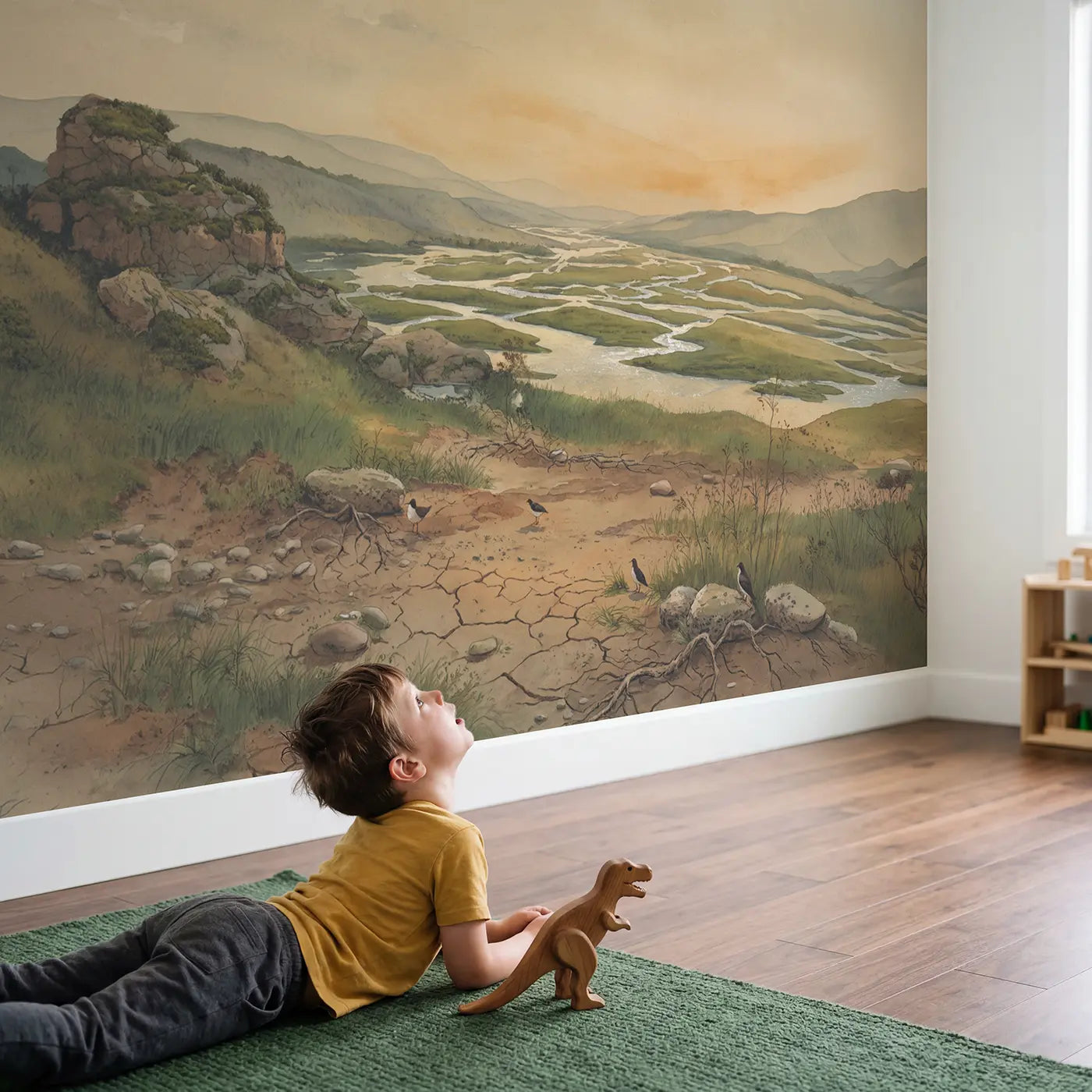 Child in nursery with River Delta Slight Elevation Wallpaper Mural by Whimsy Tots
