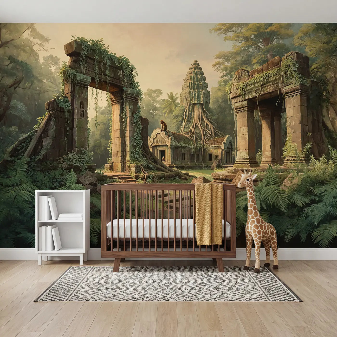 Soft pastel jungle temple ruins elephant wallpaper mural for kids room by Whimsy Tots