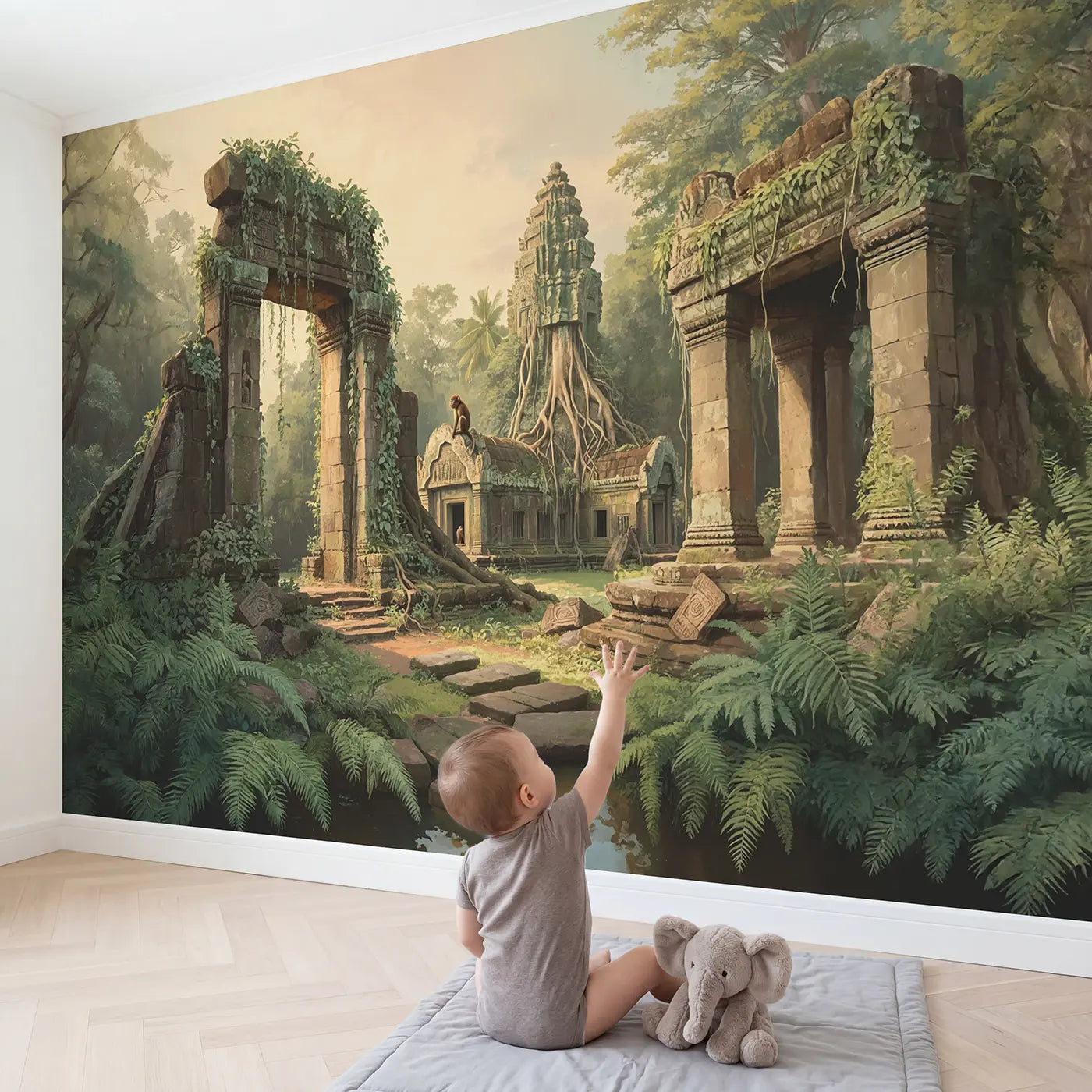 Child in nursery with Jungle Temple Ruins Wallpaper Mural by Whimsy Tots