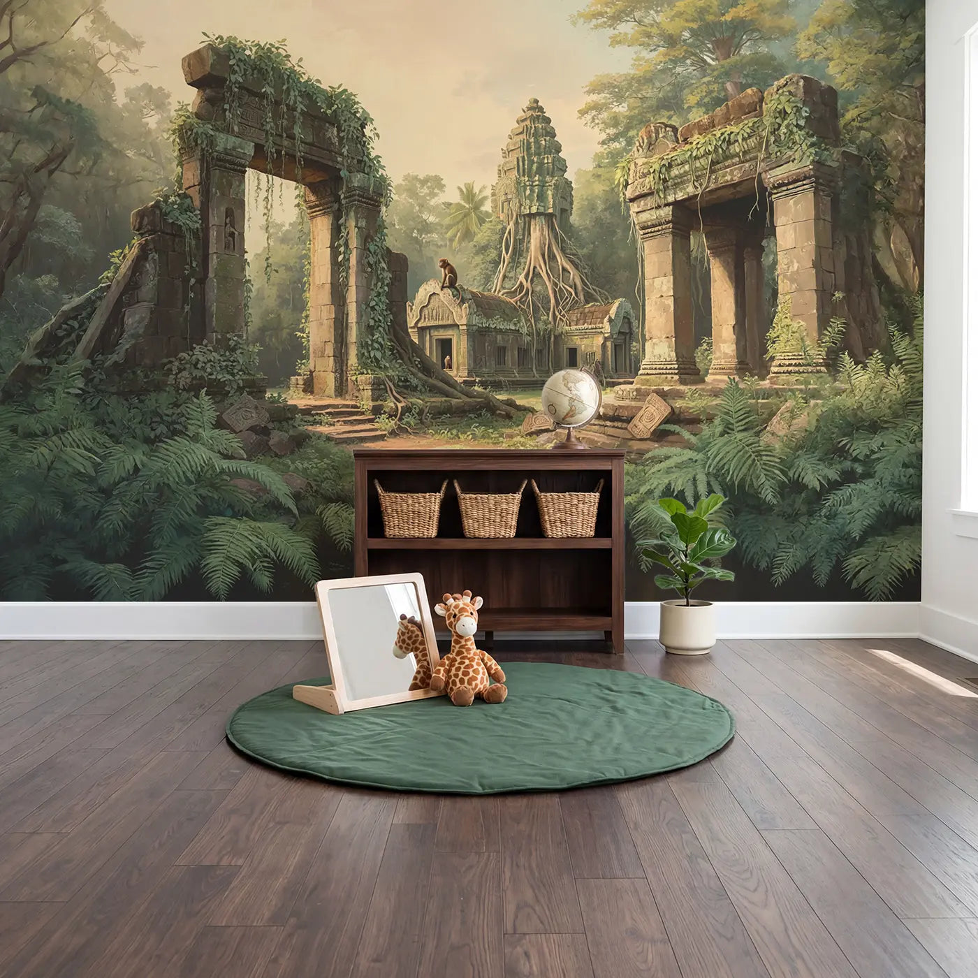 Jungle Temple Ruins Wallpaper Mural in playroom setting by Whimsy Tots