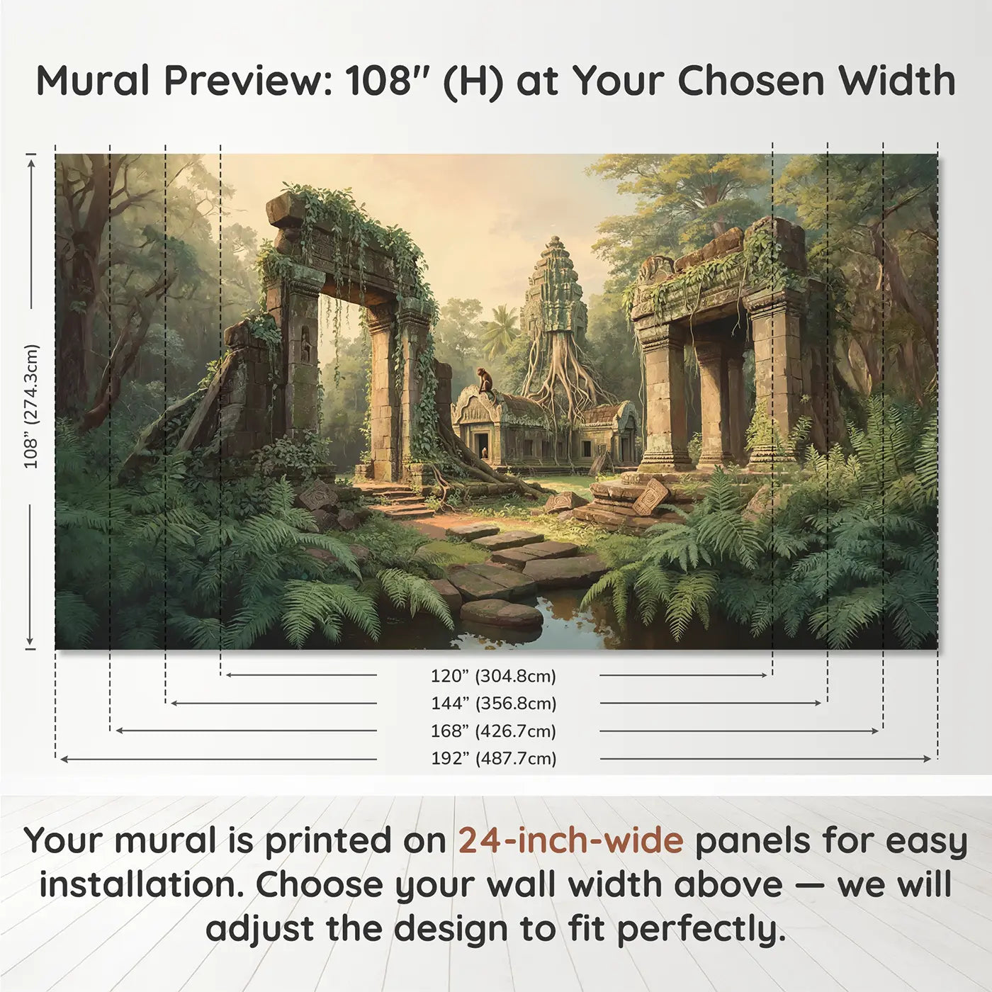 Panel layout and dimensions for Jungle Temple Ruins Wallpaper Mural by Whimsy Tots