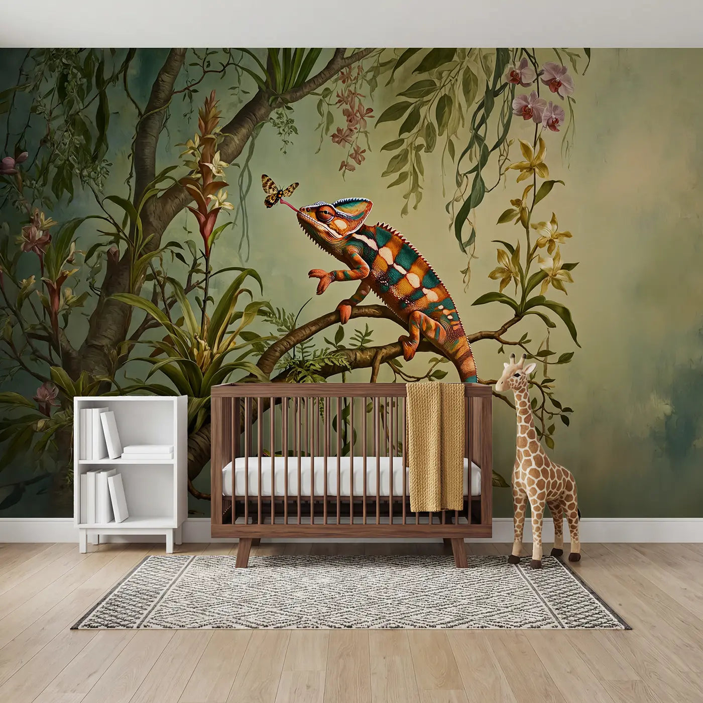 Botanical Elegance tropical chameleon portrait wallpaper mural for nursery by Whimsy Tots