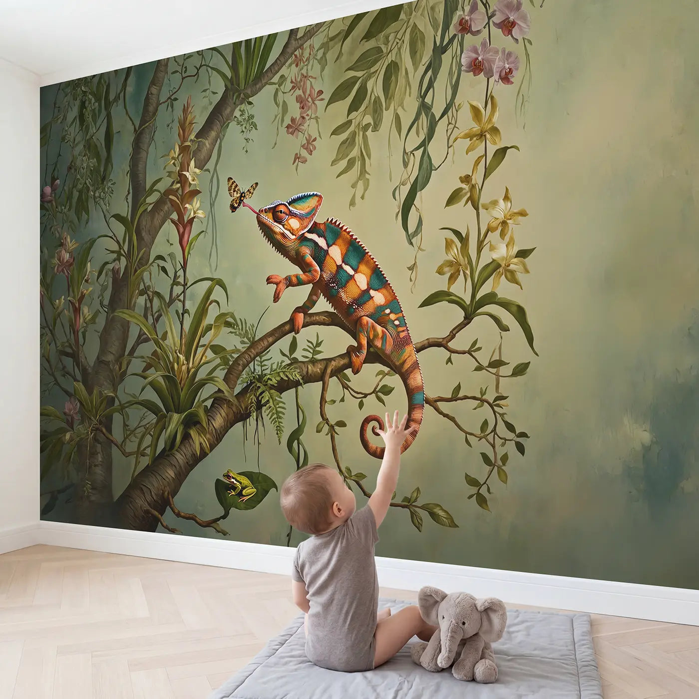 Child in nursery with Tropical Chameleon Portrait Wallpaper Mural by Whimsy Tots