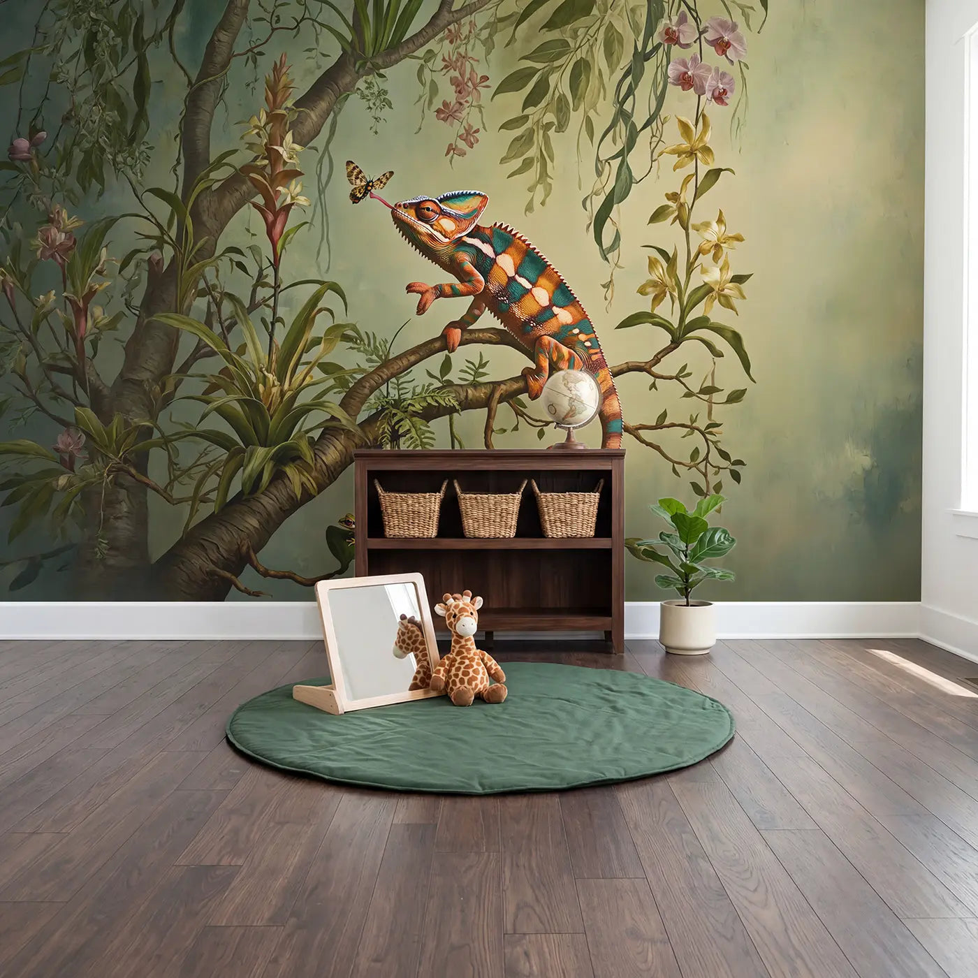 Tropical Chameleon Portrait Wallpaper Mural in playroom setting by Whimsy Tots
