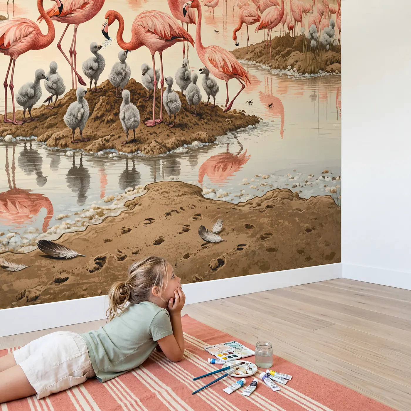 Child in nursery with Flamingo Chicks First Steps Colony Wallpaper Mural by Whimsy Tots