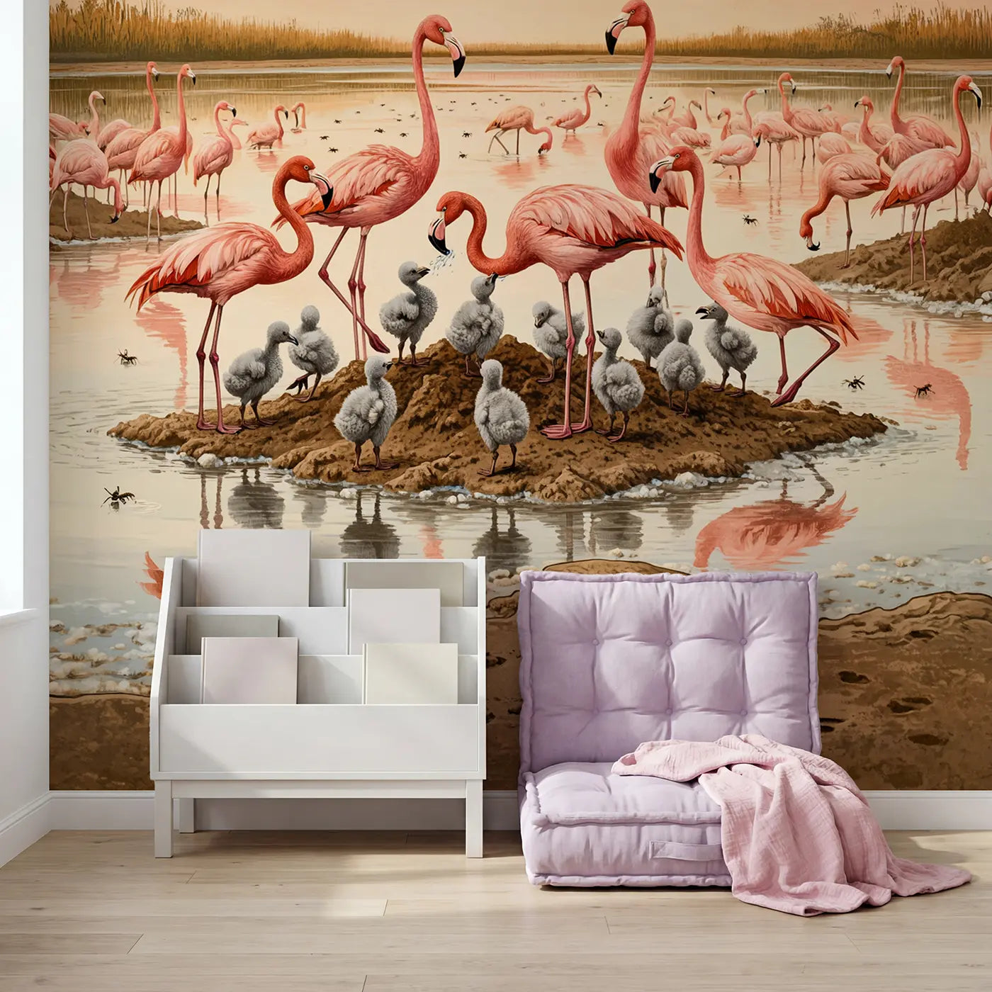 Flamingo Chicks First Steps Colony Wallpaper Mural in playroom setting by Whimsy Tots