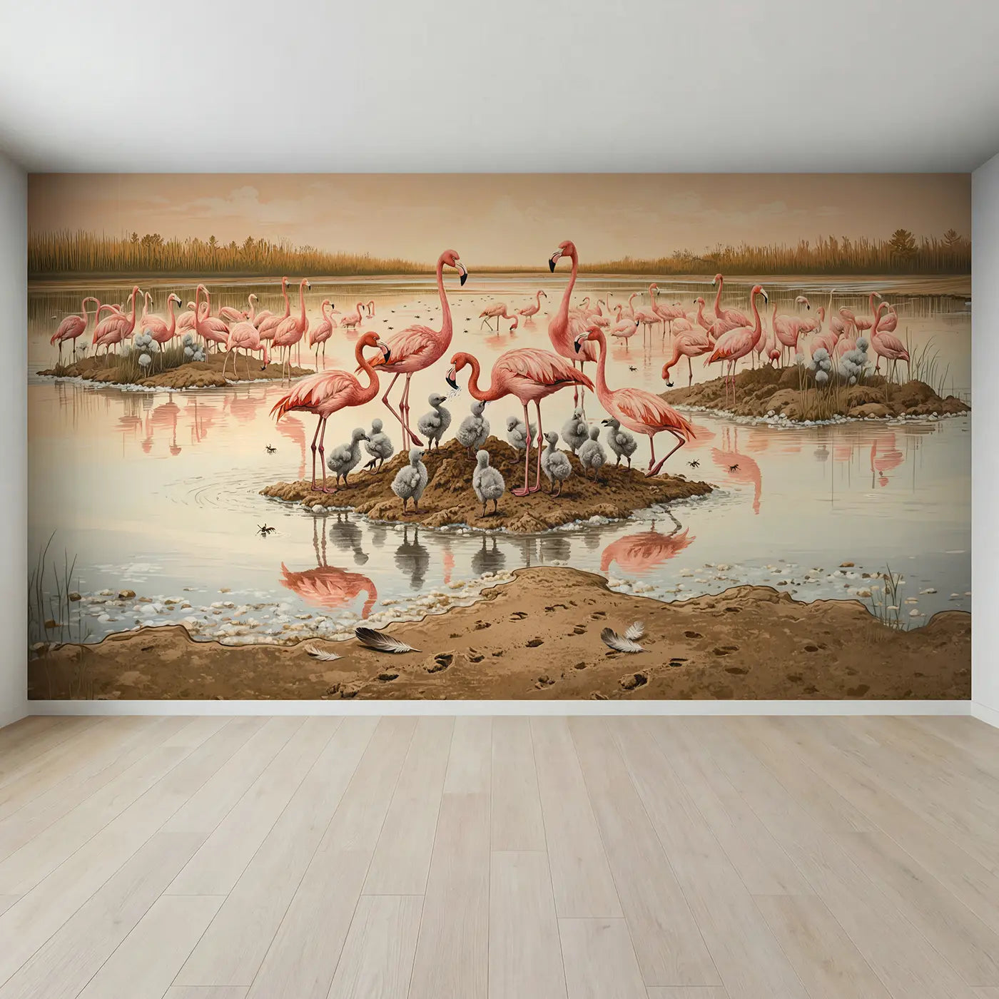 Full view of Flamingo Chicks First Steps Colony Wallpaper Mural by Whimsy Tots