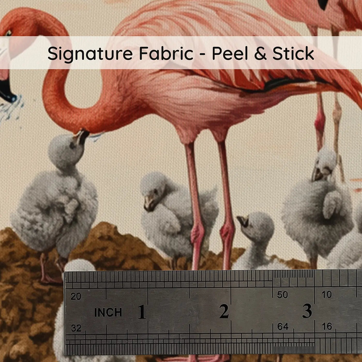 Fabric texture close-up of Flamingo Chicks First Steps Colony Wallpaper Mural by Whimsy Tots