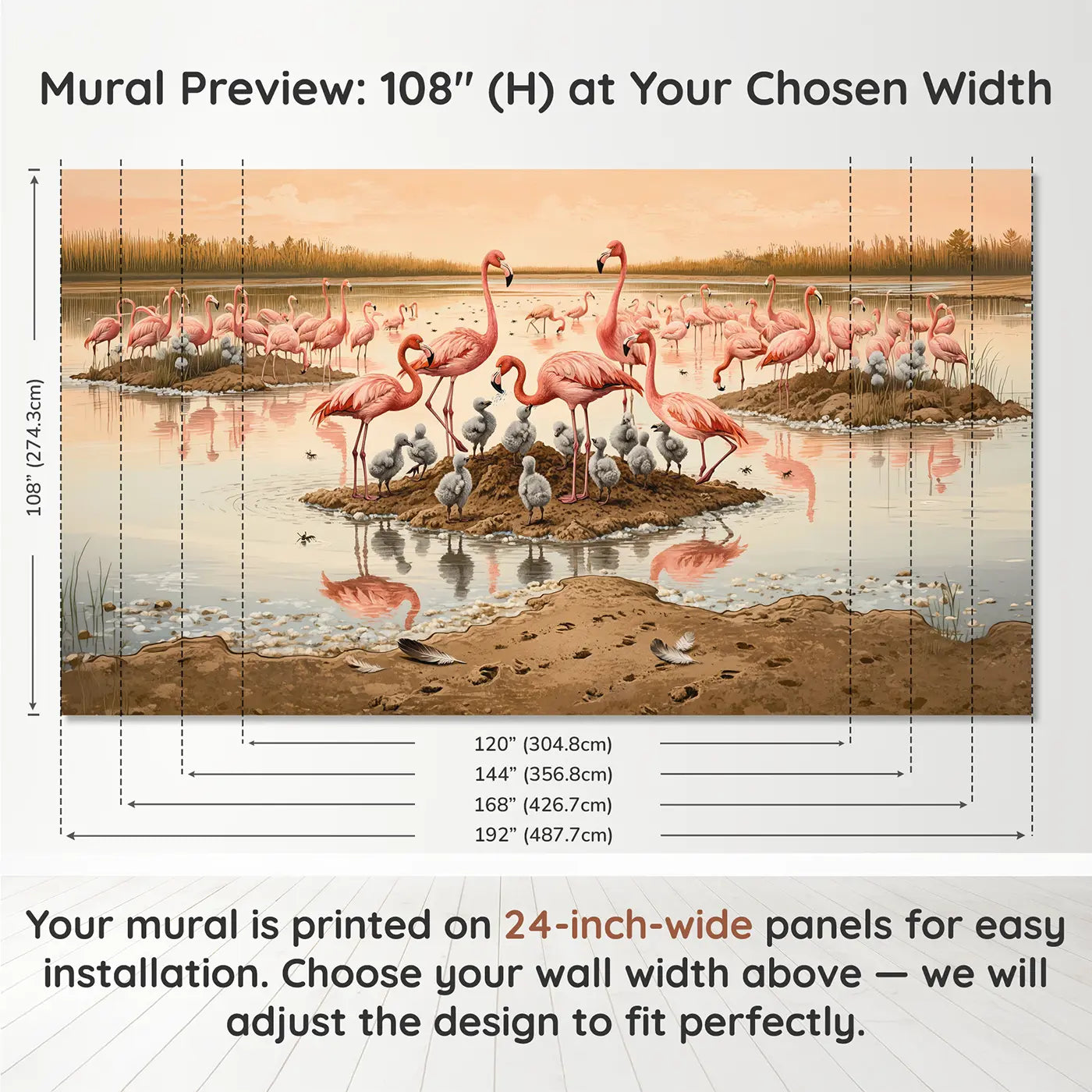 Panel layout and dimensions for Flamingo Chicks First Steps Colony Wallpaper Mural by Whimsy Tots