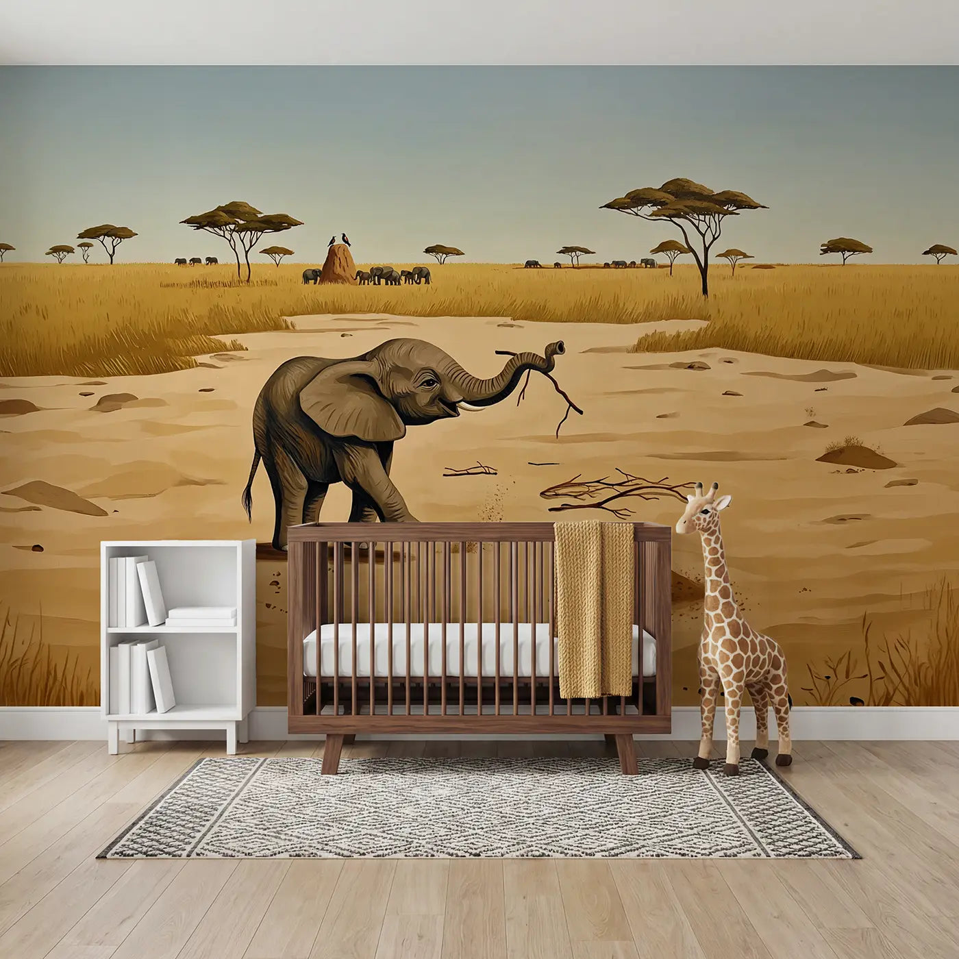 Modern illustration elephant calf playing with stick wallpaper mural for nursery by Whimsy Tots