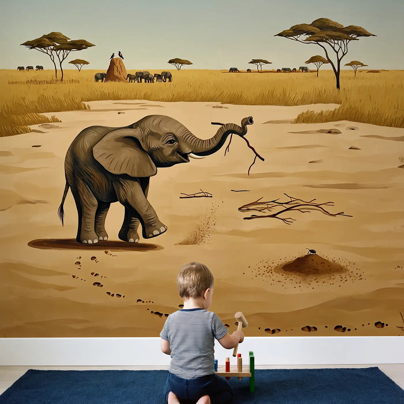 Child in nursery with Elephant Calf Playing with Stick Wallpaper Mural by Whimsy Tots