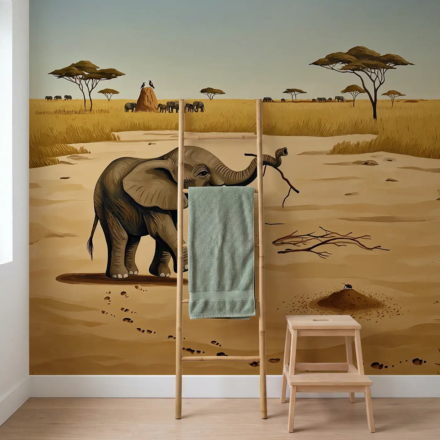 Elephant Calf Playing with Stick Wallpaper Mural in playroom setting by Whimsy Tots