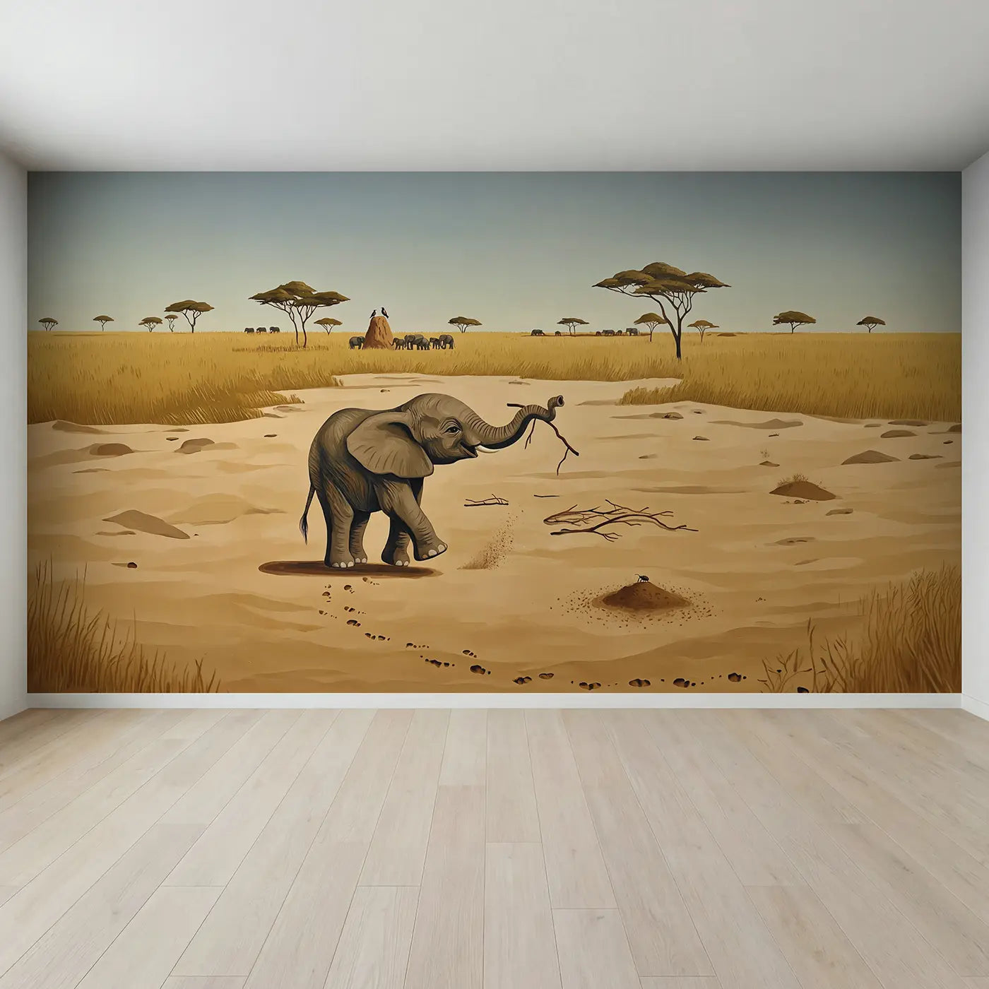 Full view of Elephant Calf Playing with Stick Wallpaper Mural by Whimsy Tots