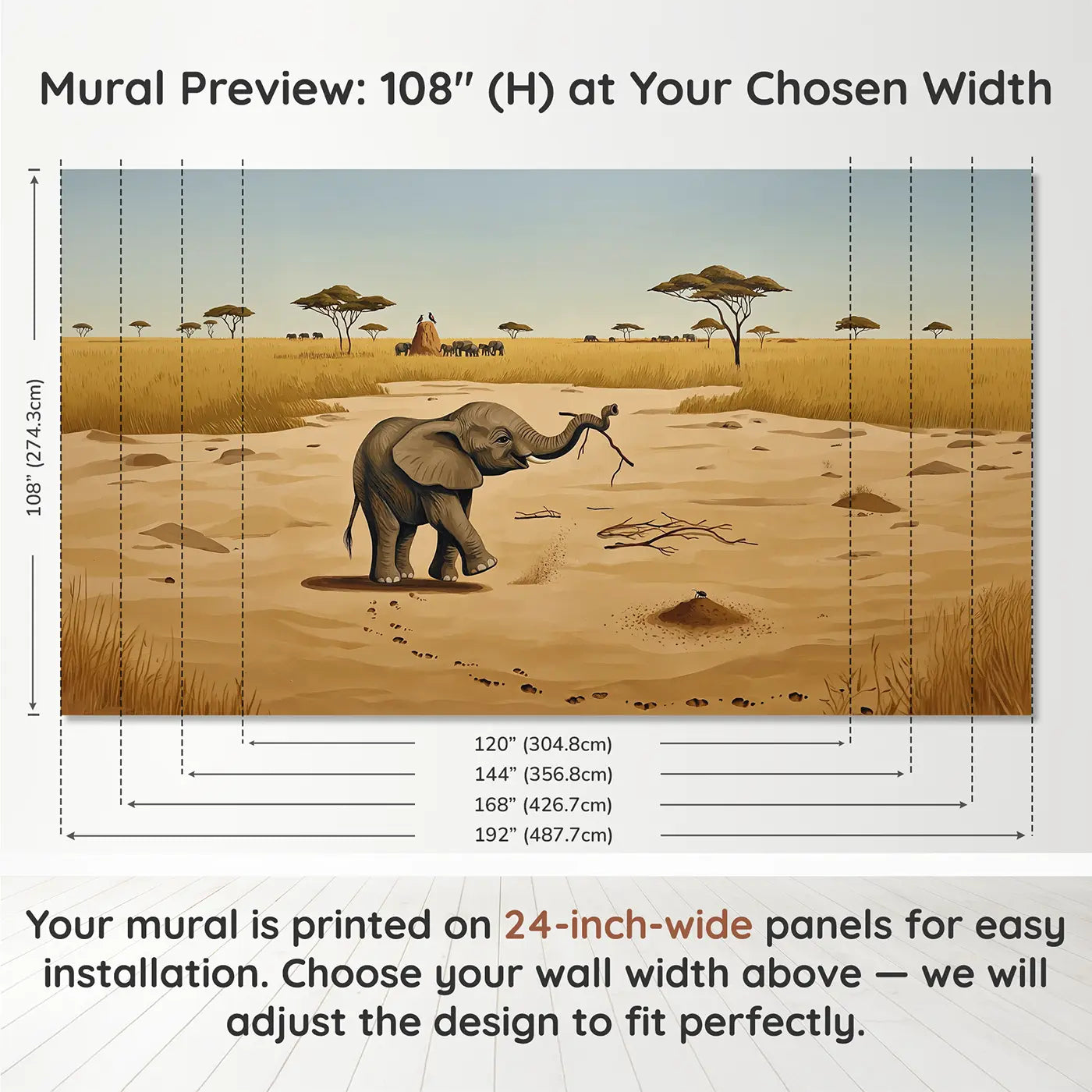 Panel layout and dimensions for Elephant Calf Playing with Stick Wallpaper Mural by Whimsy Tots