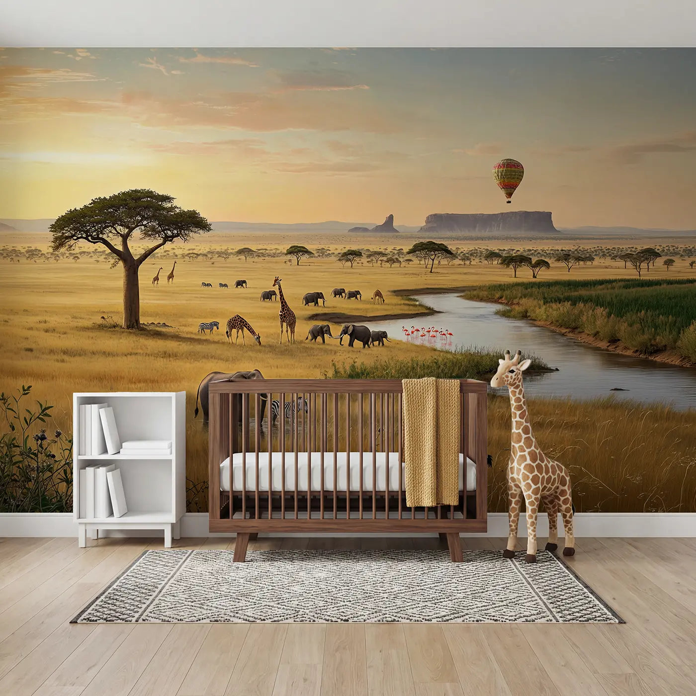 Botanical elegance safari dawn balloon wallpaper mural for kids room by Whimsy Tots