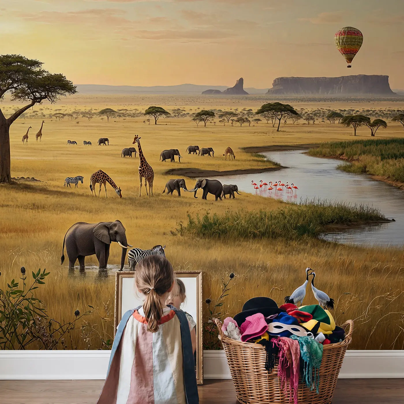 Child in nursery with Safari Dawn Balloon Vista Wallpaper Mural by Whimsy Tots