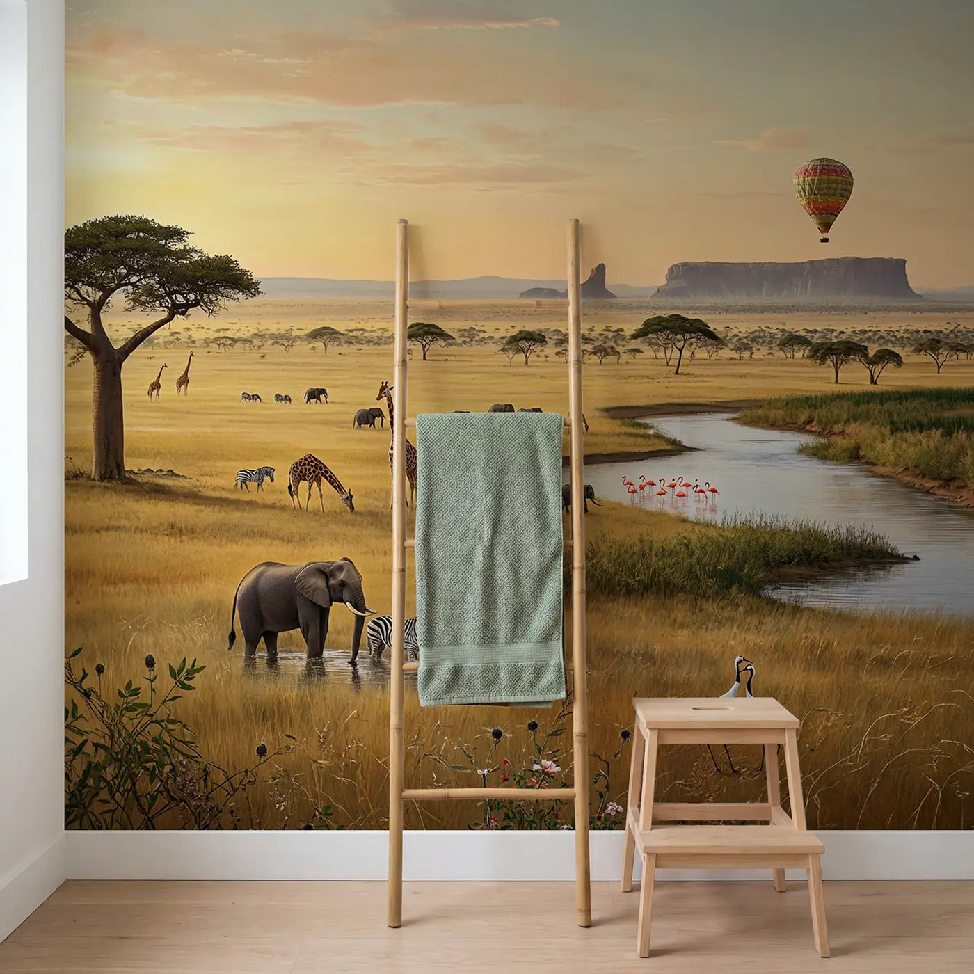 Safari Dawn Balloon Vista Wallpaper Mural in playroom setting by Whimsy Tots