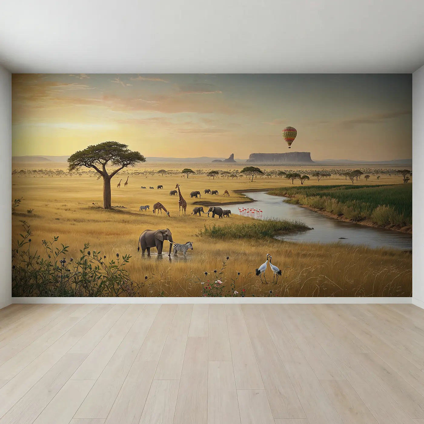 Full view of Safari Dawn Balloon Vista Wallpaper Mural by Whimsy Tots