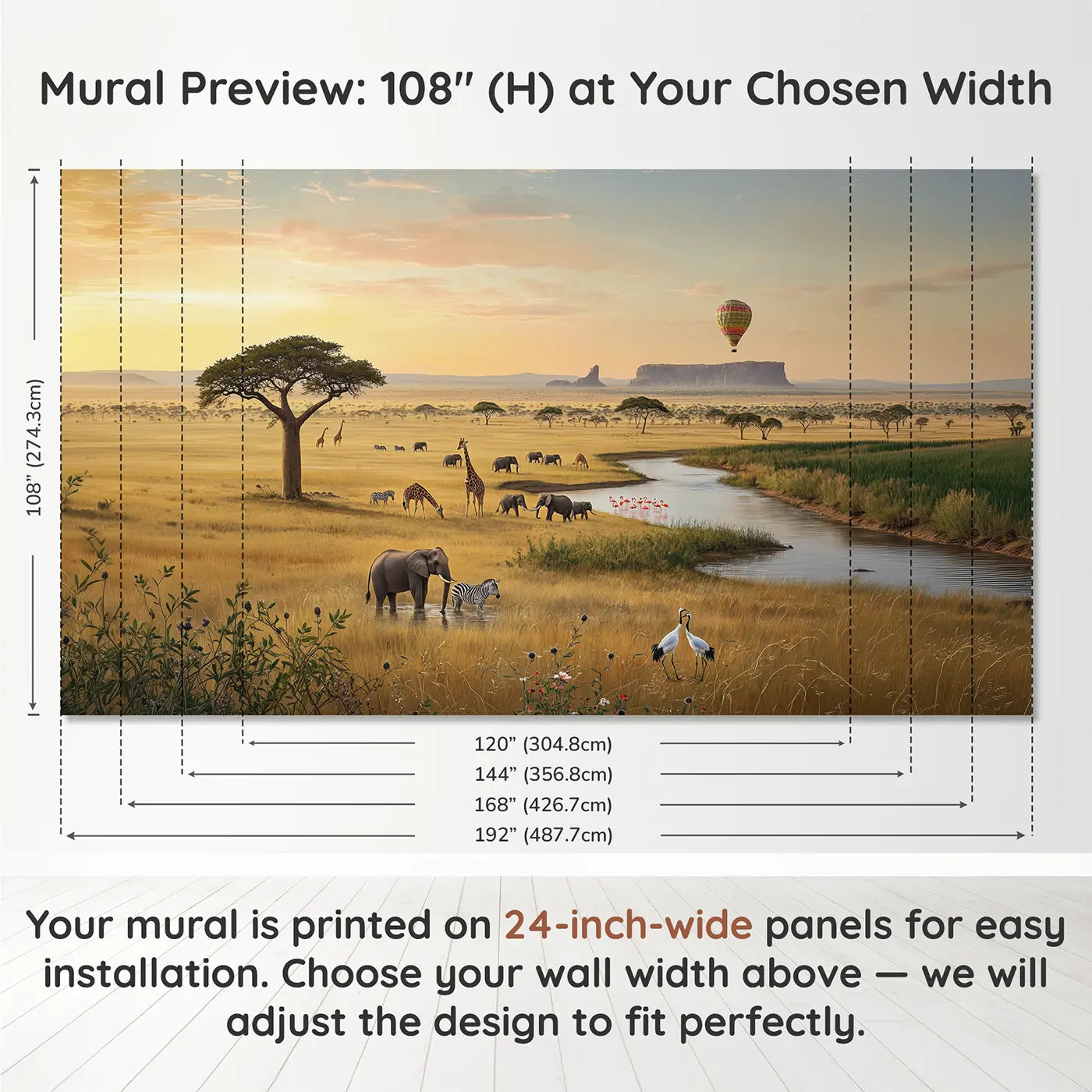 Panel layout and dimensions for Safari Dawn Balloon Vista Wallpaper Mural by Whimsy Tots