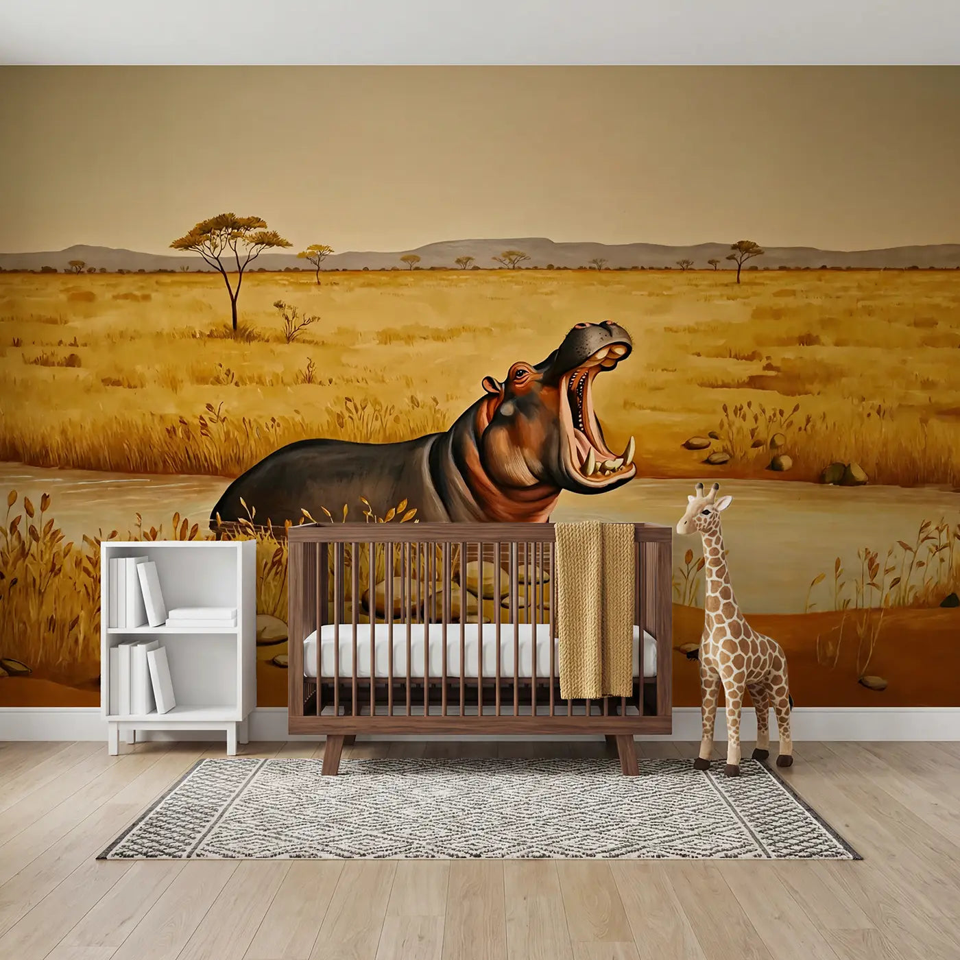 illustrated hippo yawning jungle river wallpaper mural for nursery by Whimsy Tots