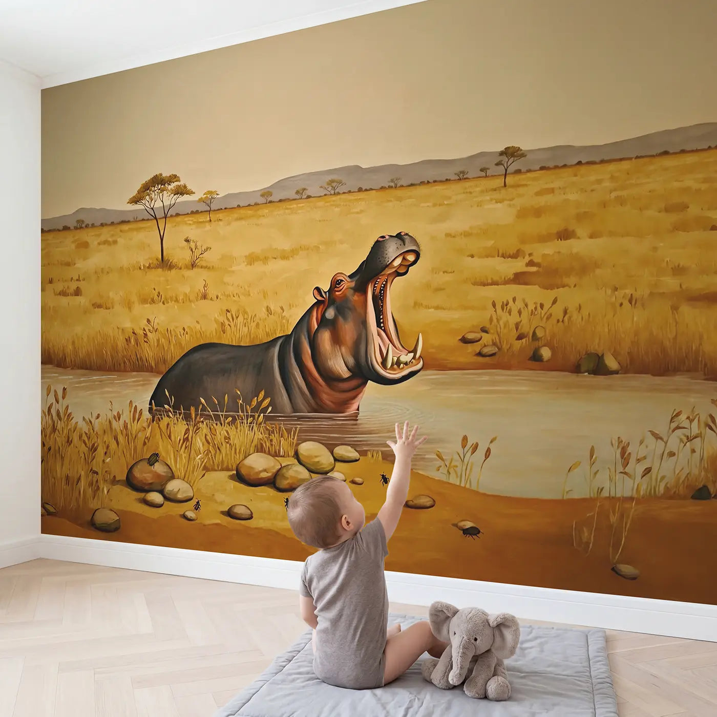 Child in nursery with Hippo Yawning Showing Teeth Wallpaper Mural by Whimsy Tots