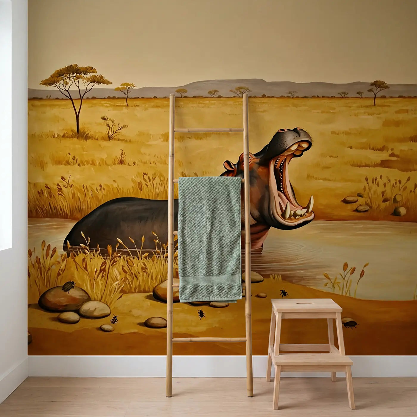 Hippo Yawning Showing Teeth Wallpaper Mural in playroom setting by Whimsy Tots