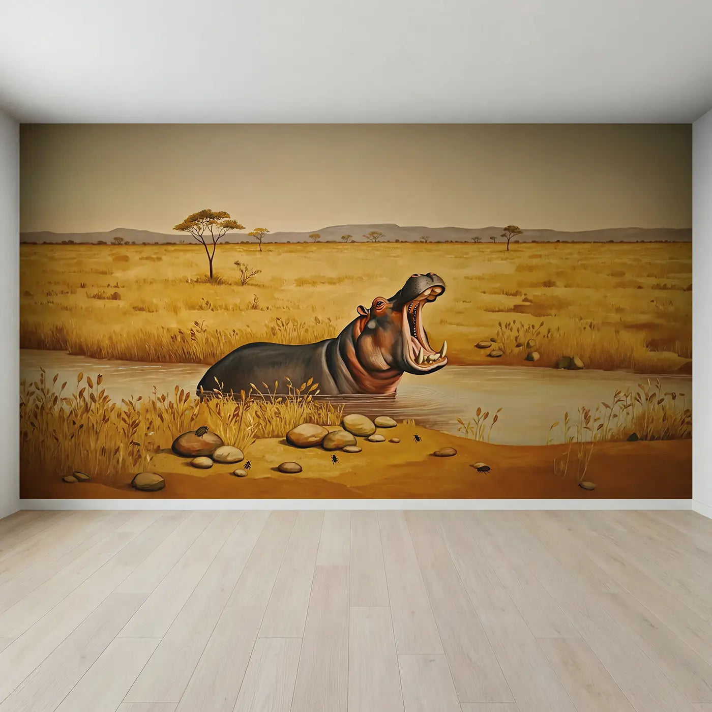 Full view of Hippo Yawning Showing Teeth Wallpaper Mural by Whimsy Tots