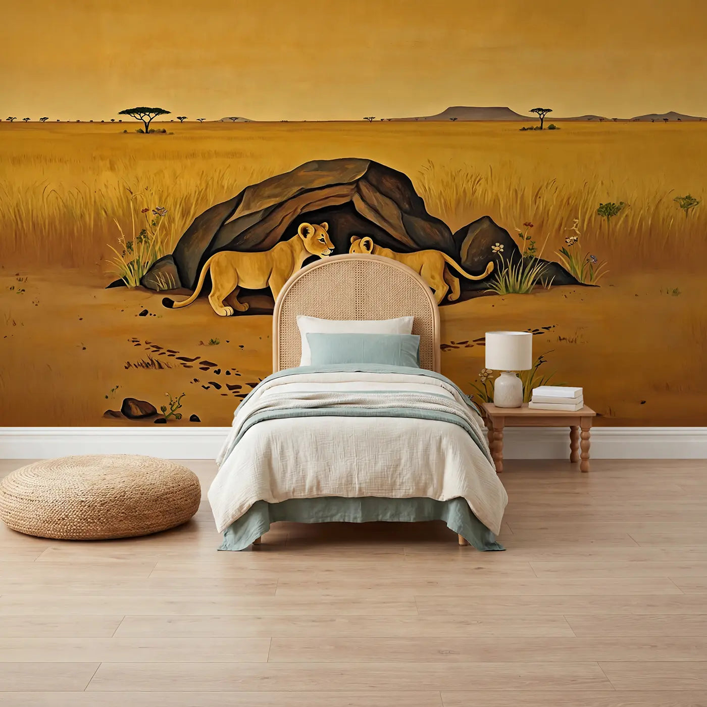 illustrated lion cubs jungle watering hole wallpaper mural for kids room by Whimsy Tots