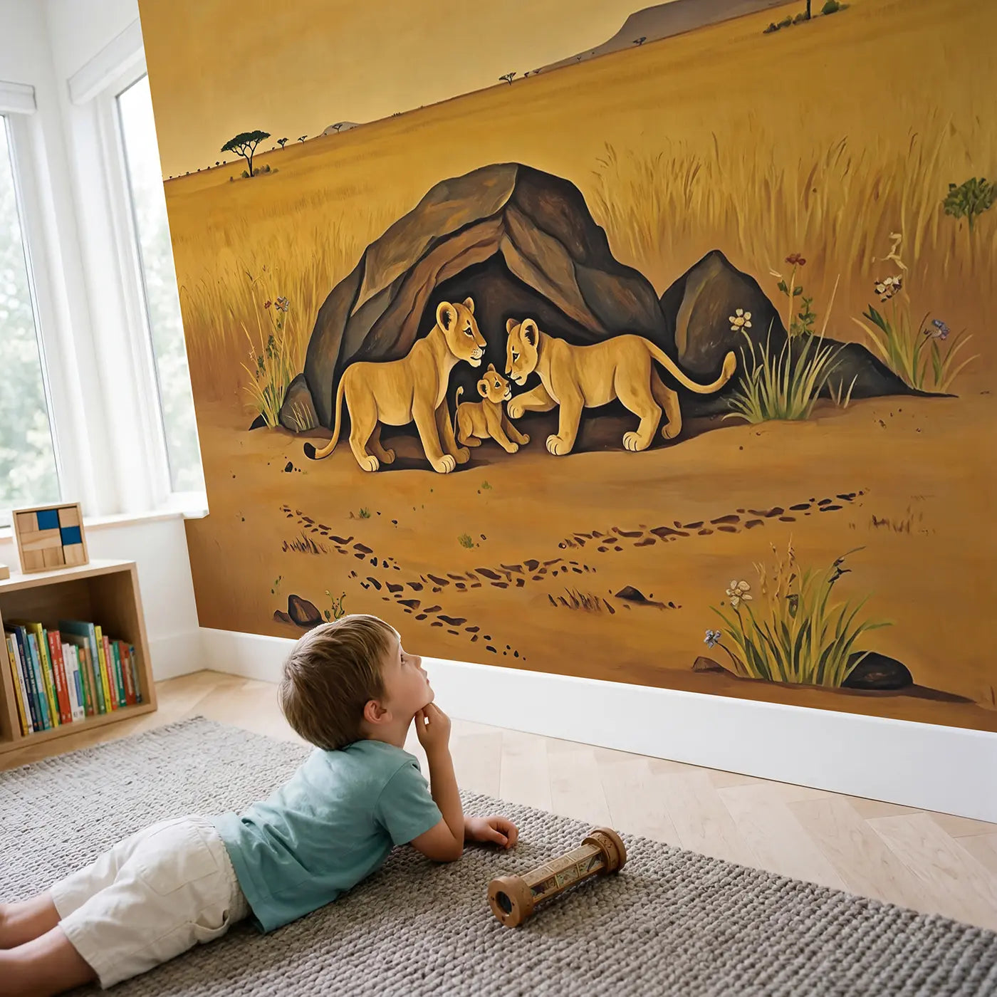Child in nursery with Lion Cubs Playing Others Wallpaper Mural by Whimsy Tots