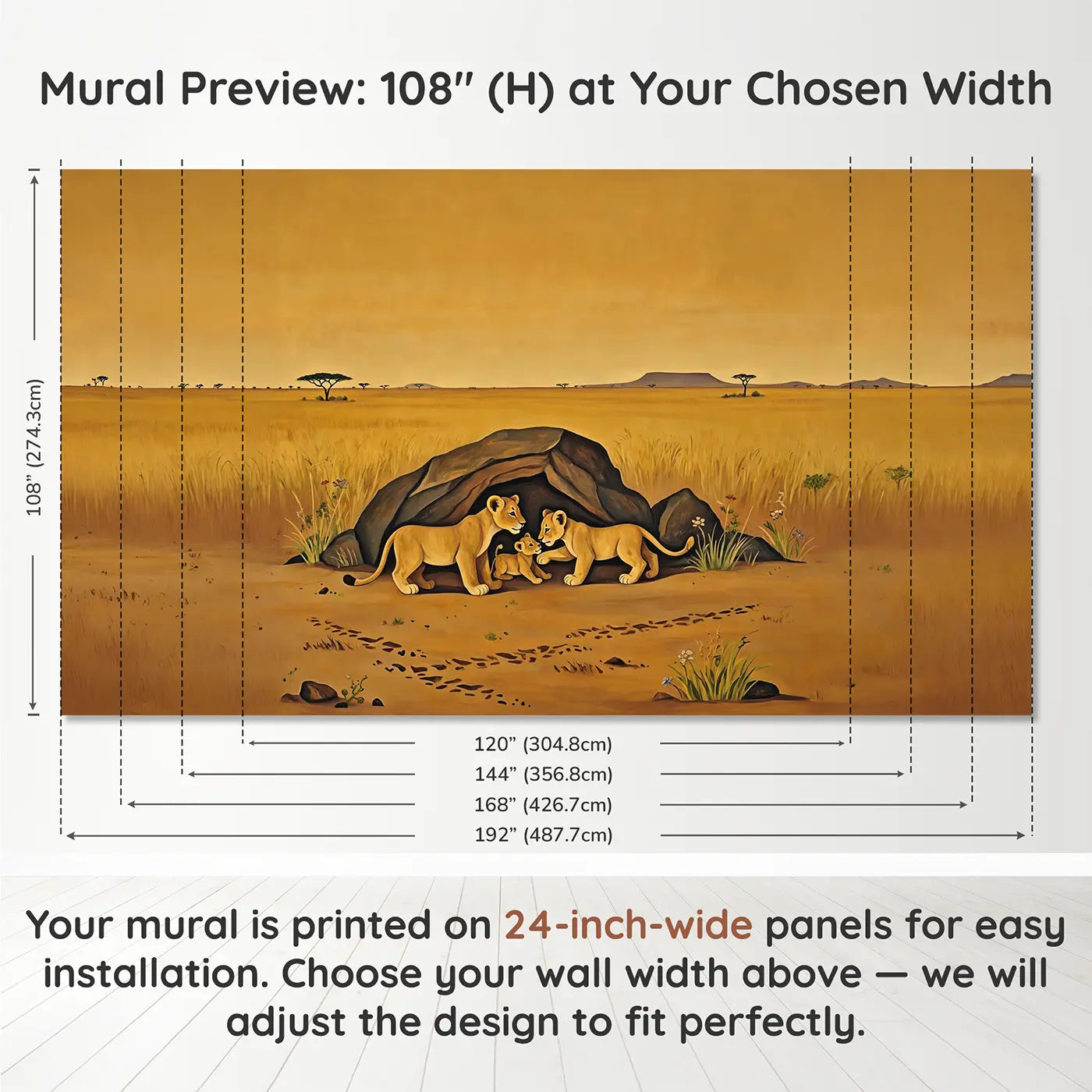 Panel layout and dimensions for Lion Cubs Playing Others Wallpaper Mural by Whimsy Tots
