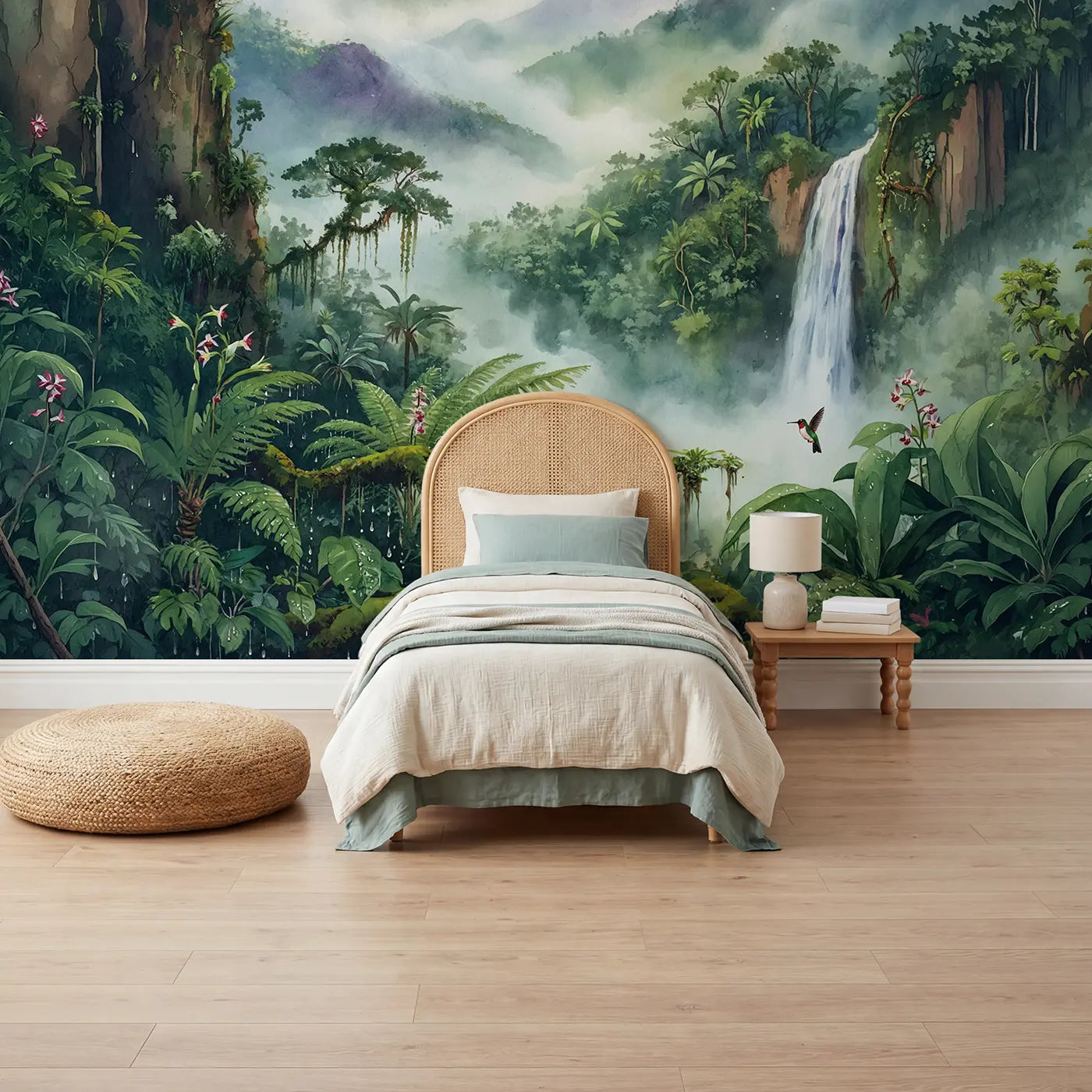 Watercolor jungle jungle safari wallpaper mural for kids room by Whimsy Tots