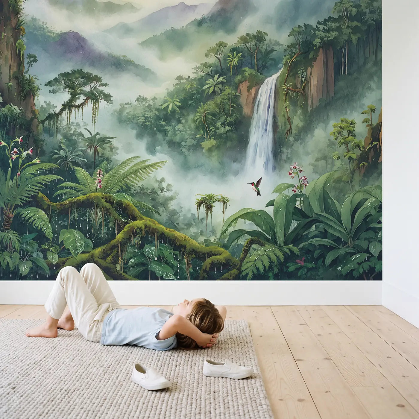 Child in nursery with Cloud Forest Mountain Wallpaper Mural by Whimsy Tots