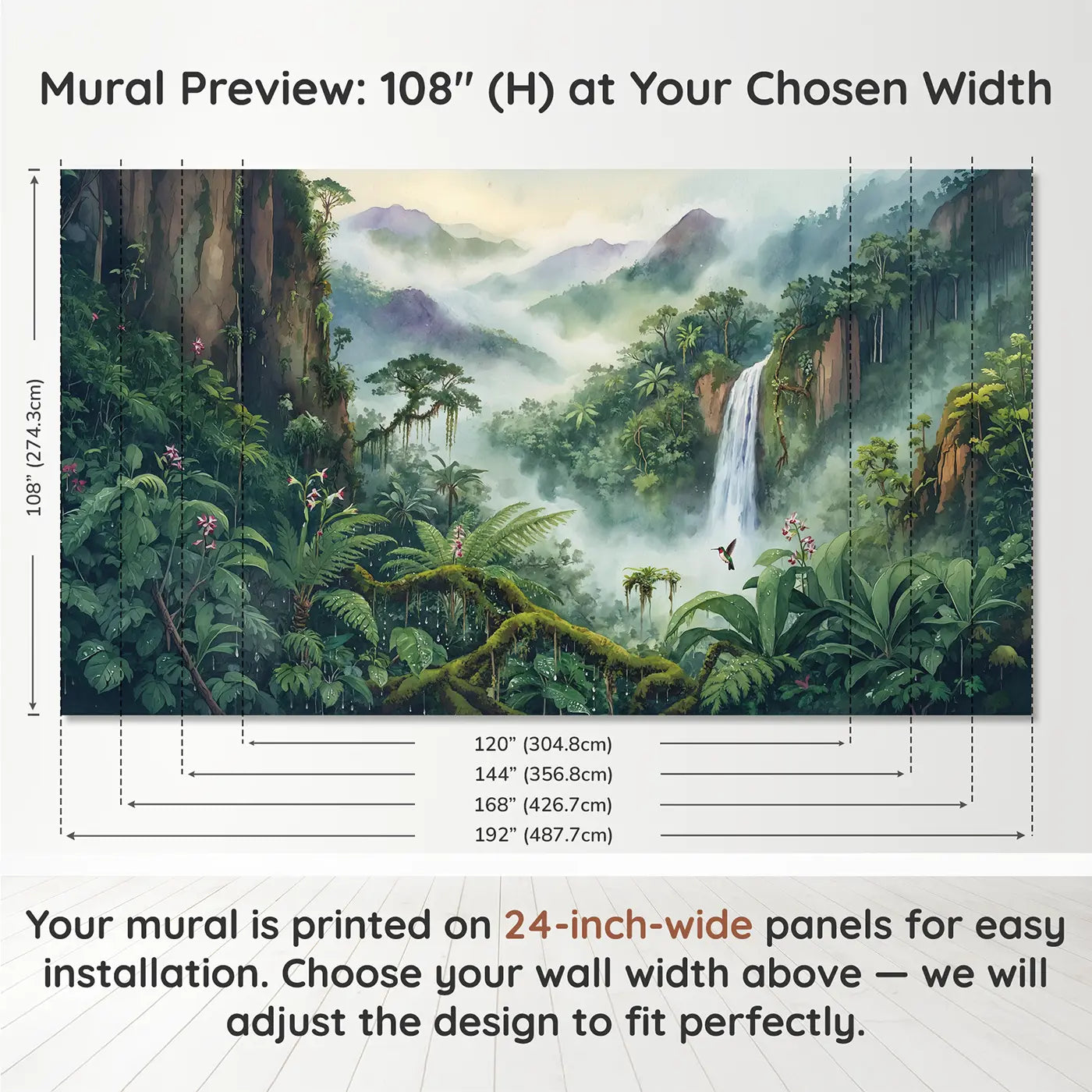 Panel layout and dimensions for Cloud Forest Mountain Wallpaper Mural by Whimsy Tots