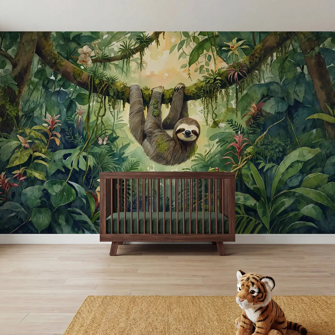 Watercolor sloth jungle safari wallpaper mural for kids room by Whimsy Tots