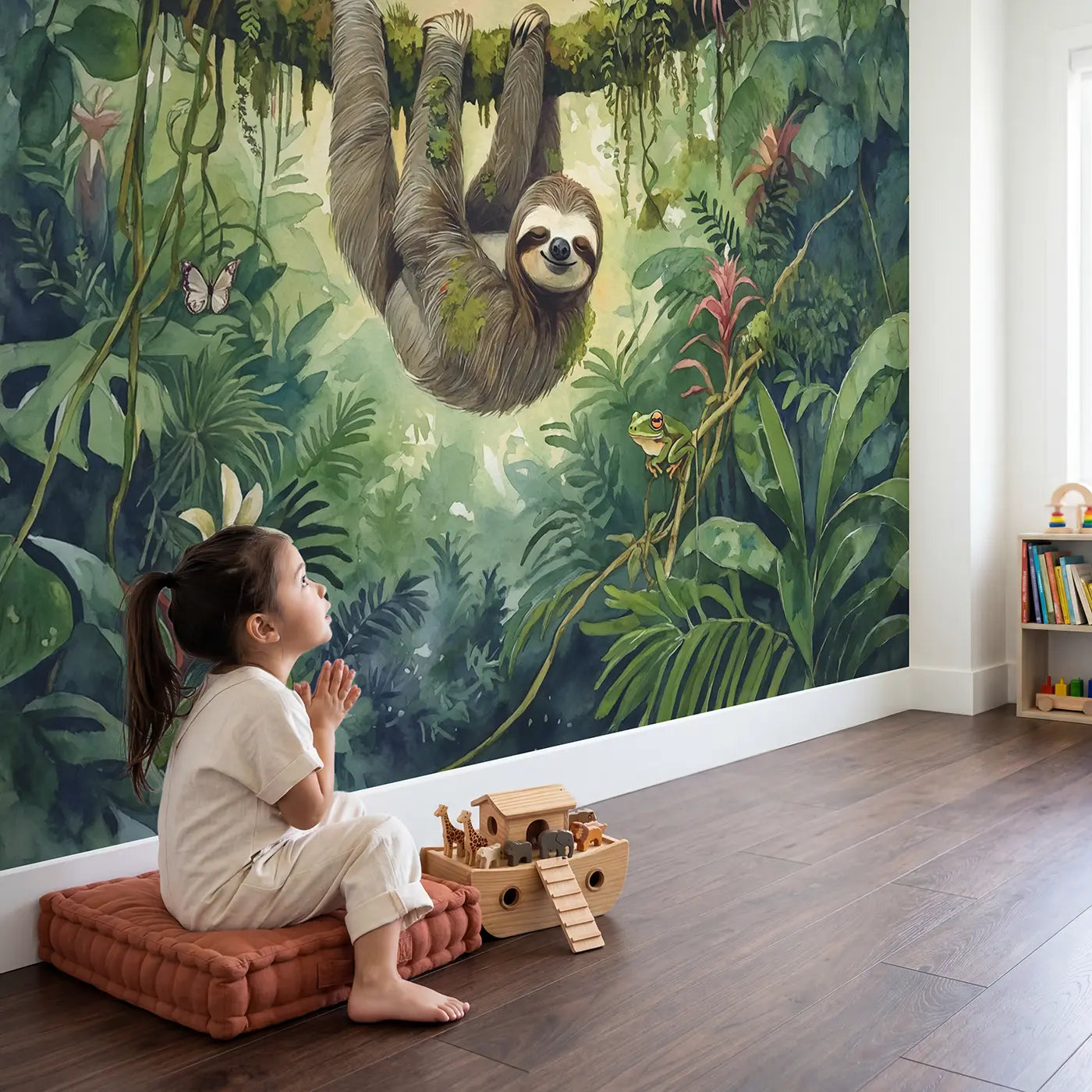 Child in nursery with Smiling Jungle Sloth Wallpaper Mural by Whimsy Tots