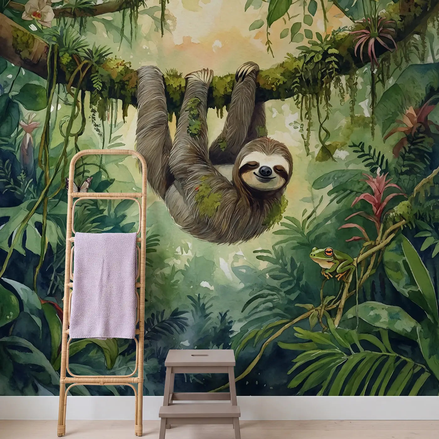Smiling Jungle Sloth Wallpaper Mural in playroom setting by Whimsy Tots