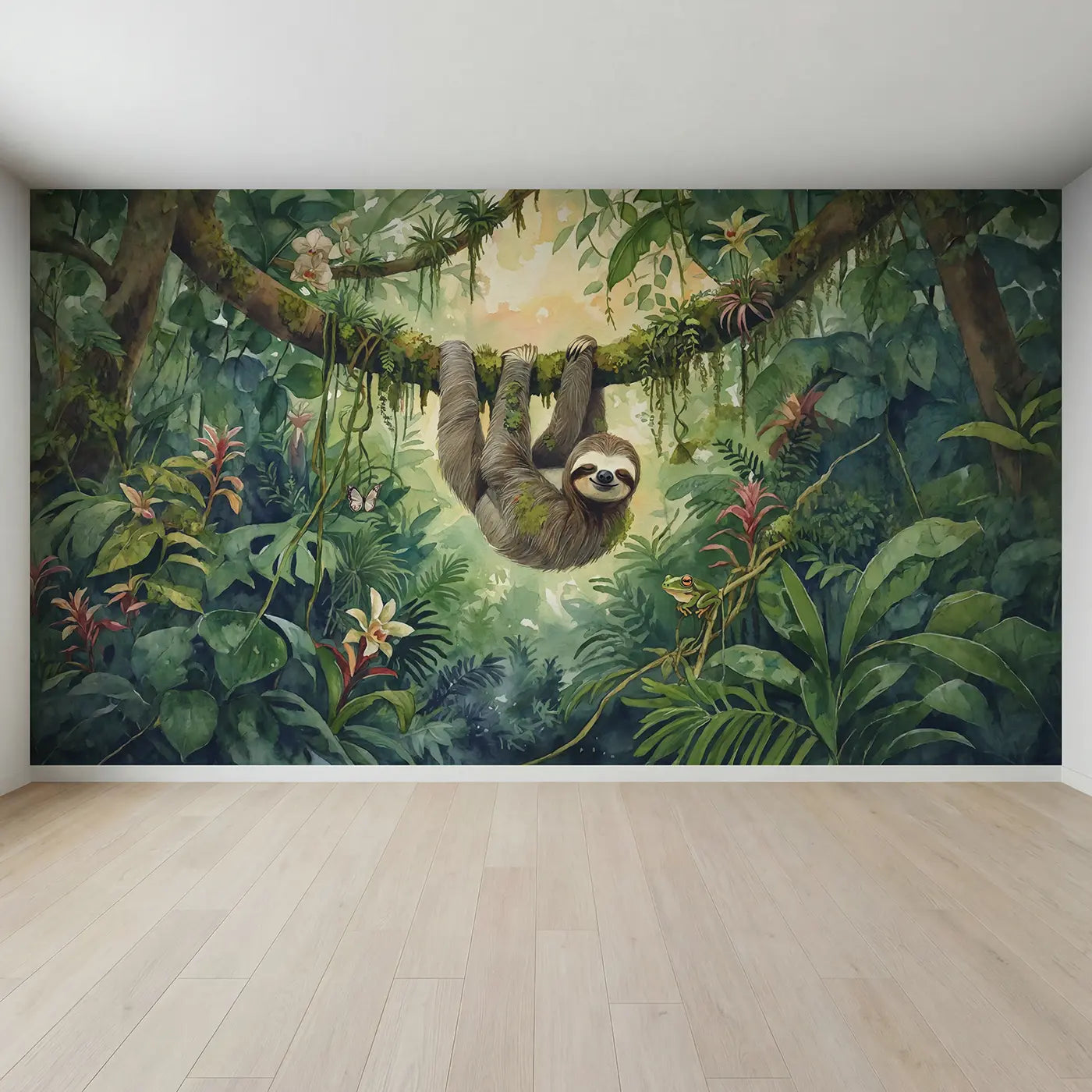 Full view of Smiling Jungle Sloth Wallpaper Mural by Whimsy Tots