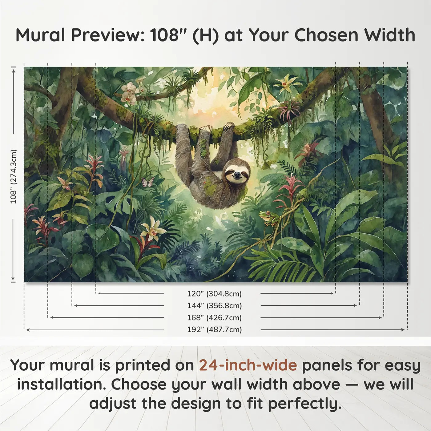 Panel layout and dimensions for Smiling Jungle Sloth Wallpaper Mural by Whimsy Tots